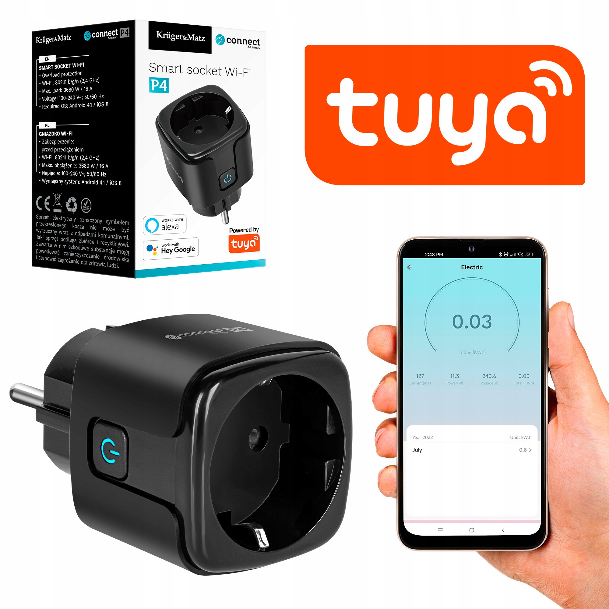 Inteligentne Gniazdko WiFi Kruger&Matz Connect P4 Tuya PROGRAMATOR TIMER