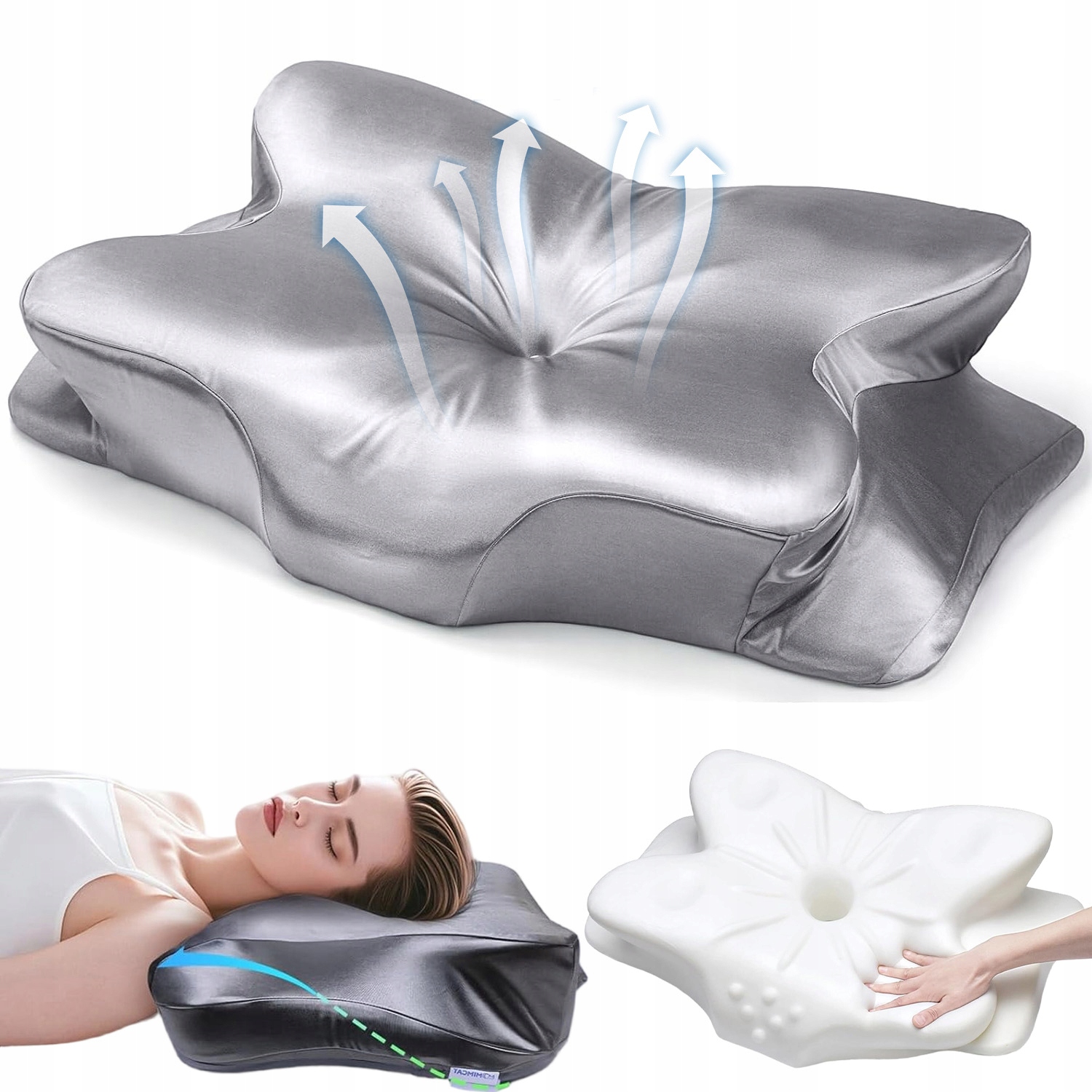 Poduszka Ortopedyczna Do Spania Memory Motyl Oddychająca Ergonomiczna Szara