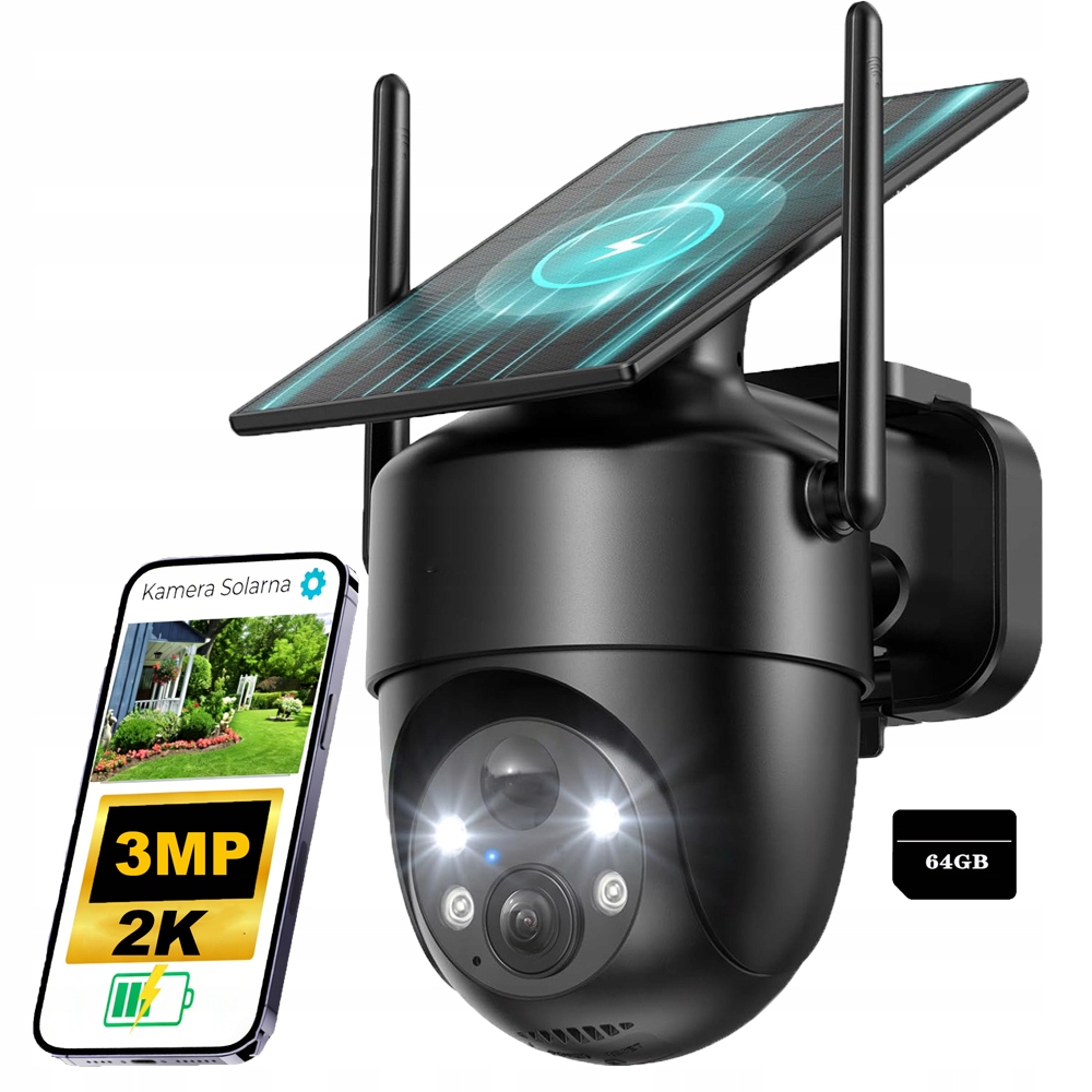 2K venkovní otočná bezdrátová solární kamera s 64GB paměťovou kartou