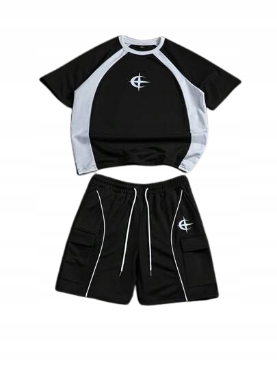 Shein Komplet Pánské Černé Tričko S Bílými Vložkami A Šortky XXL 1JA