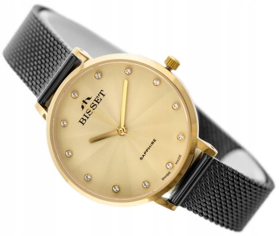 Dámské Hodinky Bisset BSBF30 Módní Zlaté S Krystaly Šedé Mesh 30 mm Box
