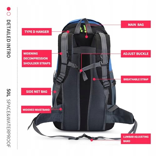 BSEASH Plecak Turystyczny 50L Lekki Wodoodporny Outdoor Camping Niebieski — miniatura 7