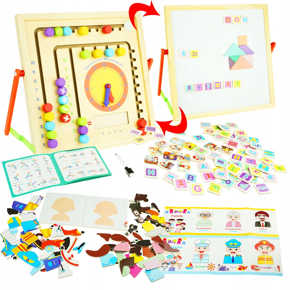 Tablica Edukacyjna Dwustronna Drewniana + Puzzle Magnetyczne Zestaw Marka KinderSafe