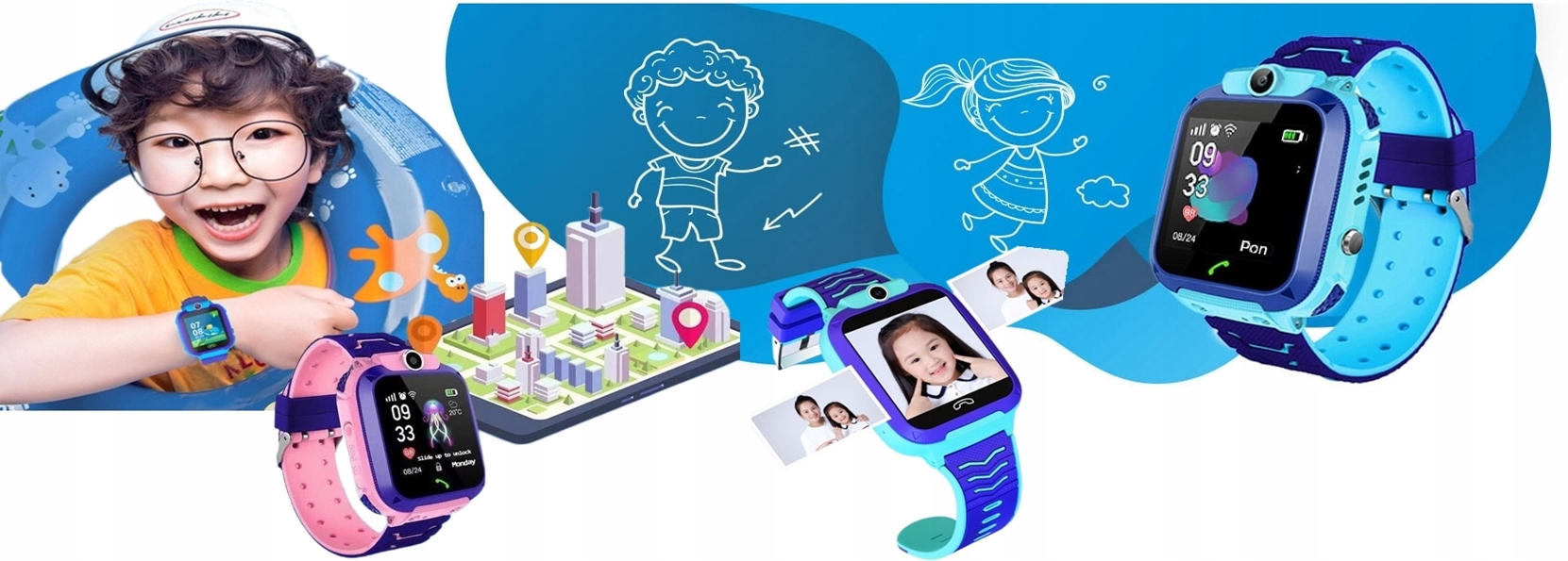 SMARTWATCH Zegarek dla dziecka SIM PL LOKALIZATOR Kształt koperty prostokątna