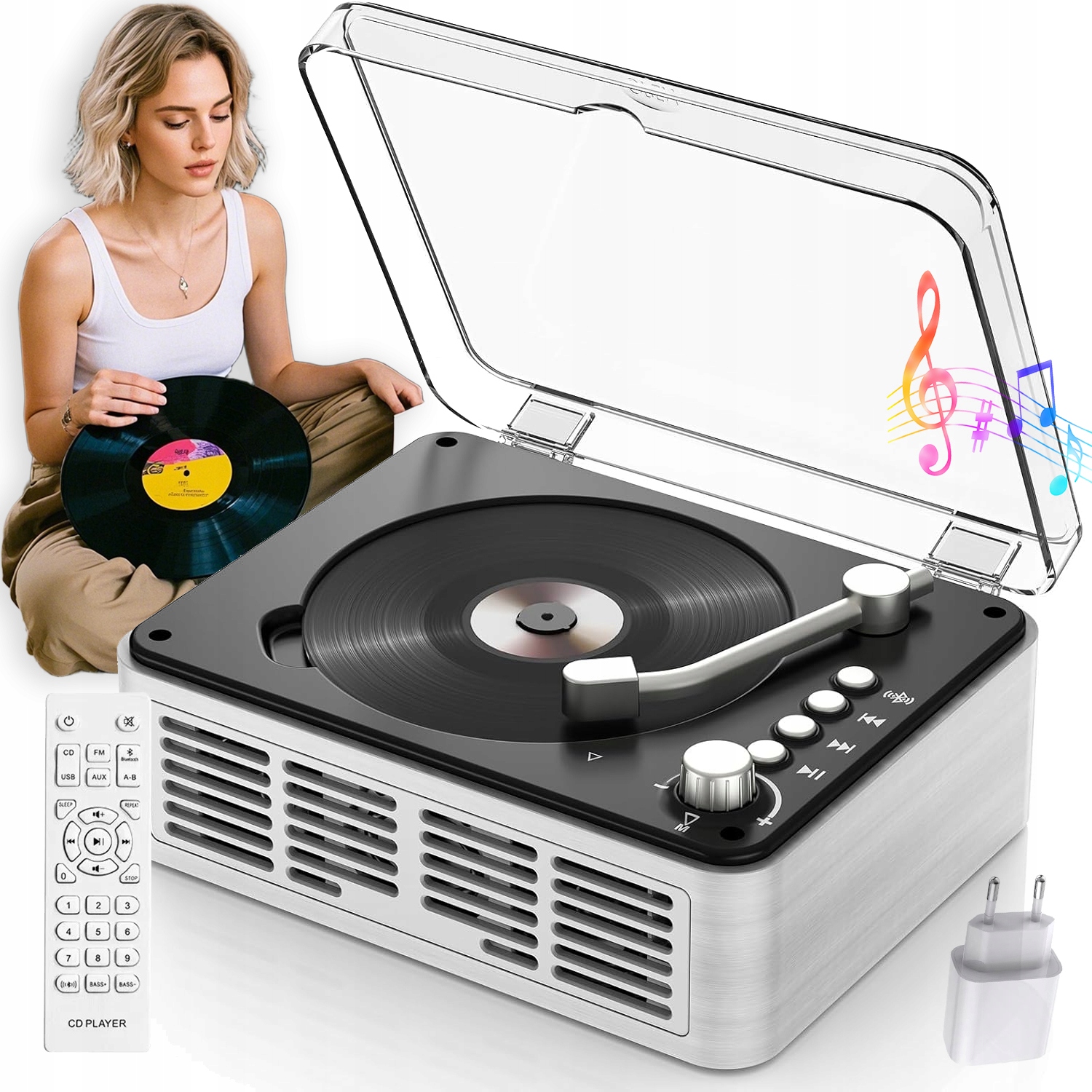 Retro Přenosný CD Přehrávač Bluetooth Reproduktor MP3 Aux Reproduktory Bílý