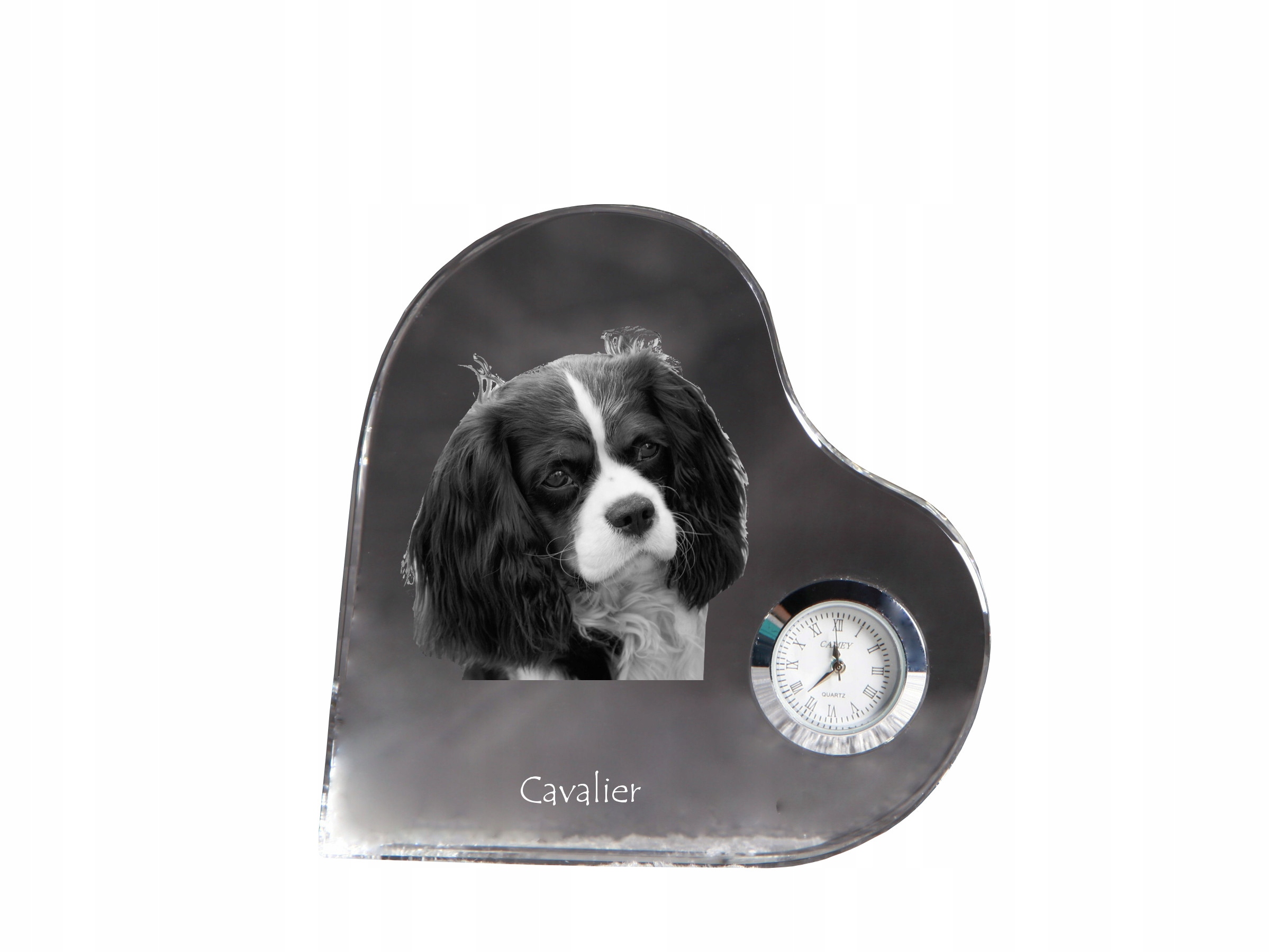 Cavalier King Charles Spaniel krištáľový hodinový strojček v tvare srdca s fotografiou