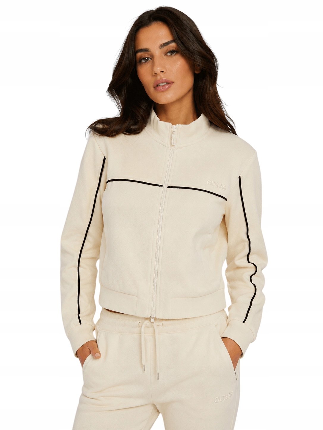 Guess Mikina Na Zip Sportovní Krémová Logovaná Módní S
