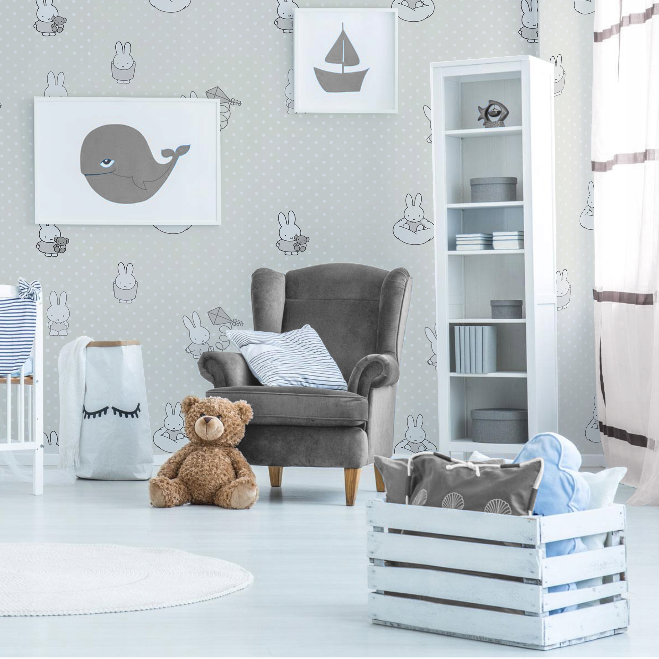 TAPETA ŚCIENNA DZIECIĘCA SZARA GROSZKI KRÓLICZKI POKÓJ DZIECKA Długość 10 m