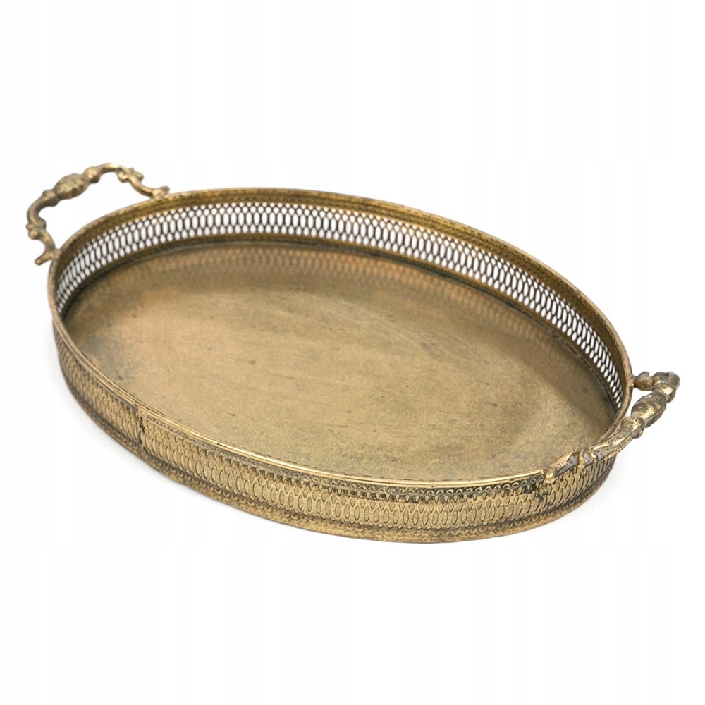 Taca Metalowa Złota Antyczna 45x30cm Z Uchwytami Dekoracyjna Retro Vintage