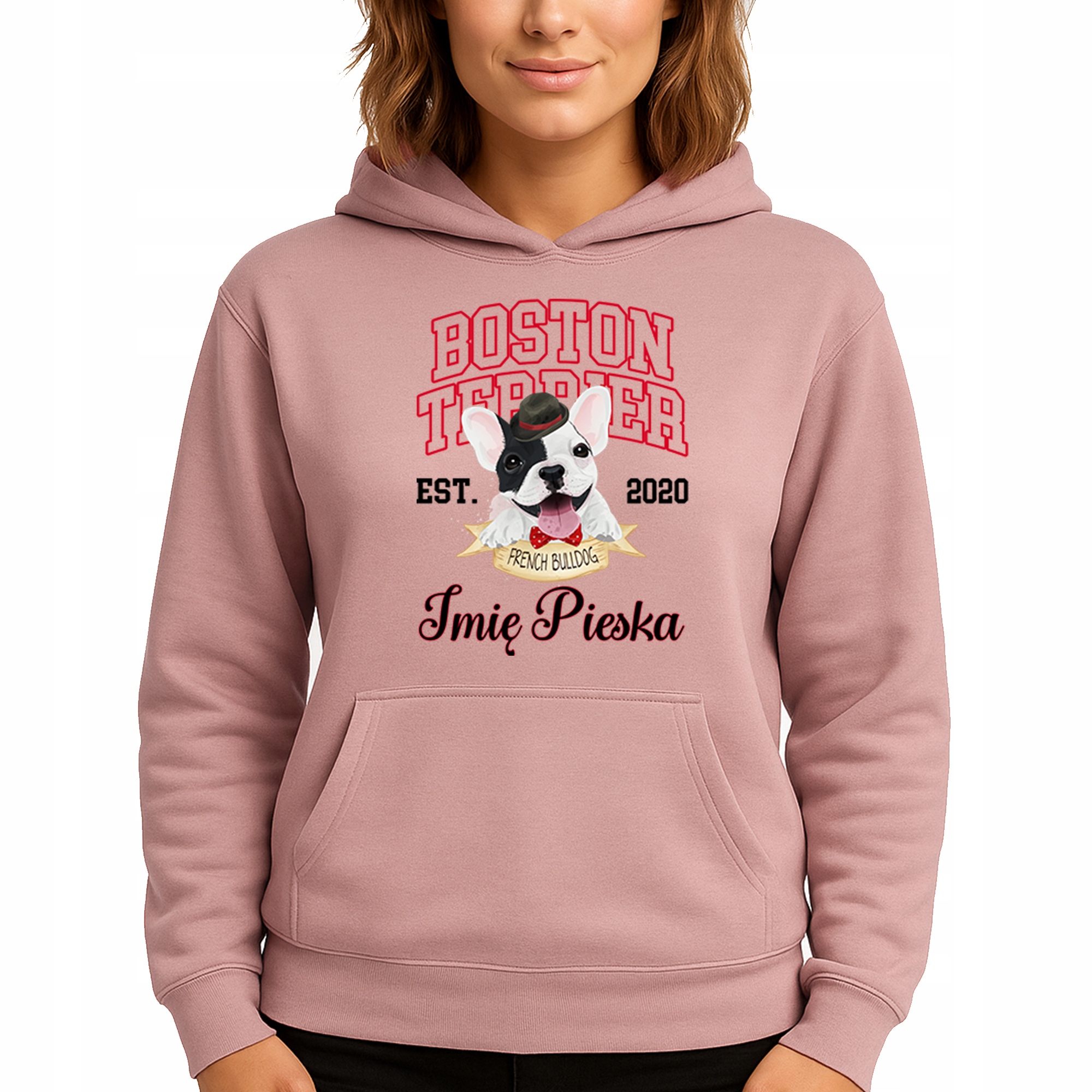 Mikina S Kapucí Růžová bavlněná mikina Boston Terrier Jméno psa M