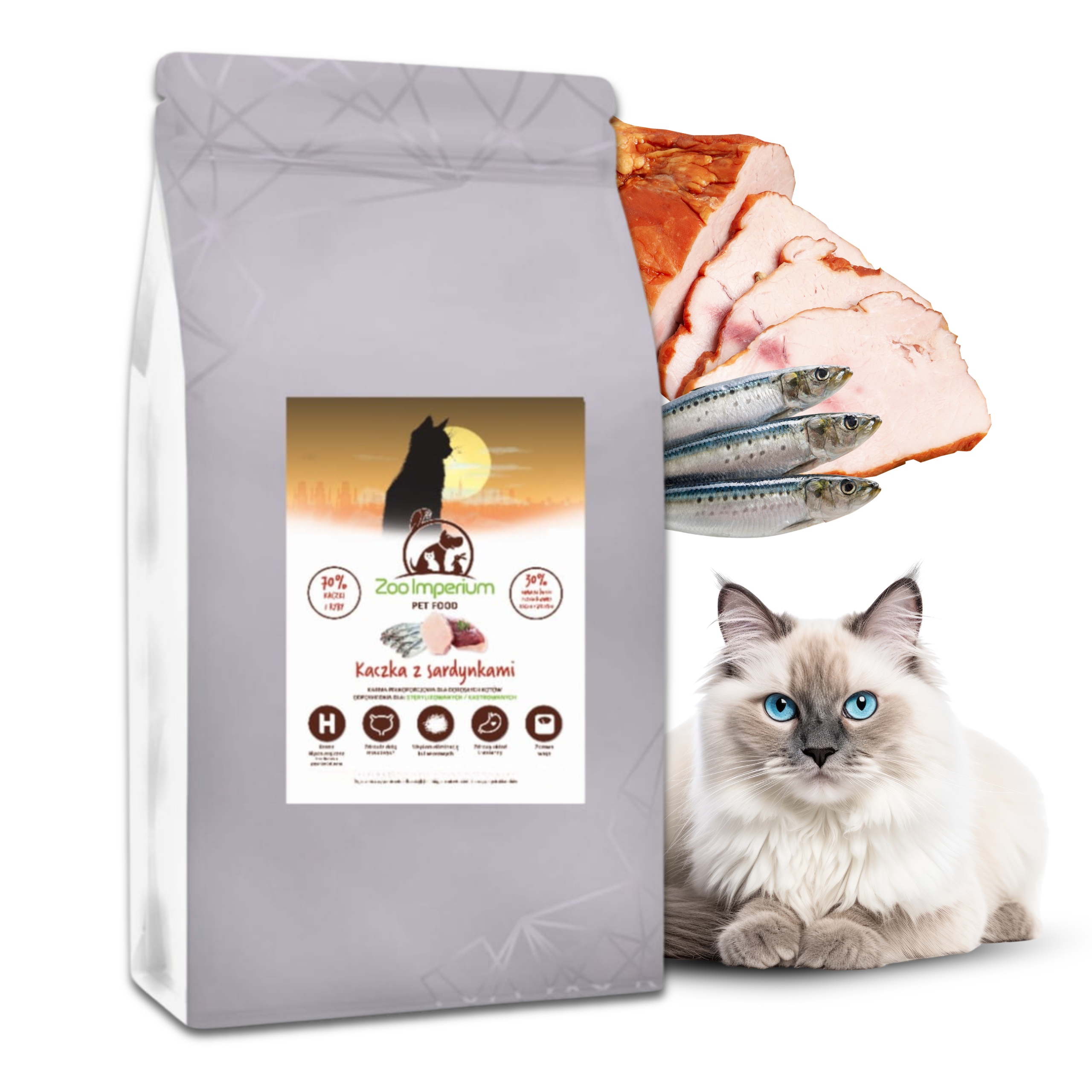 Levně Suché Krmivo pro kastrované kočky Kachna se sardinkami Bez obilovin 1,5 kg