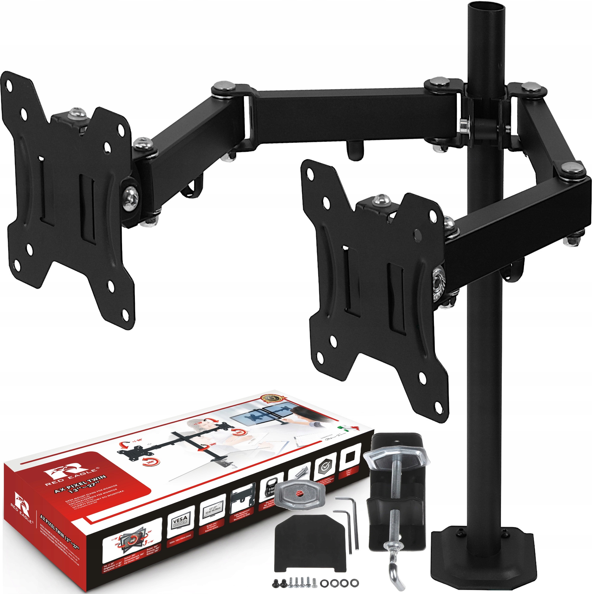 

Uchwyt biurkowy na 2 monitory obrotowy 13-27 cali