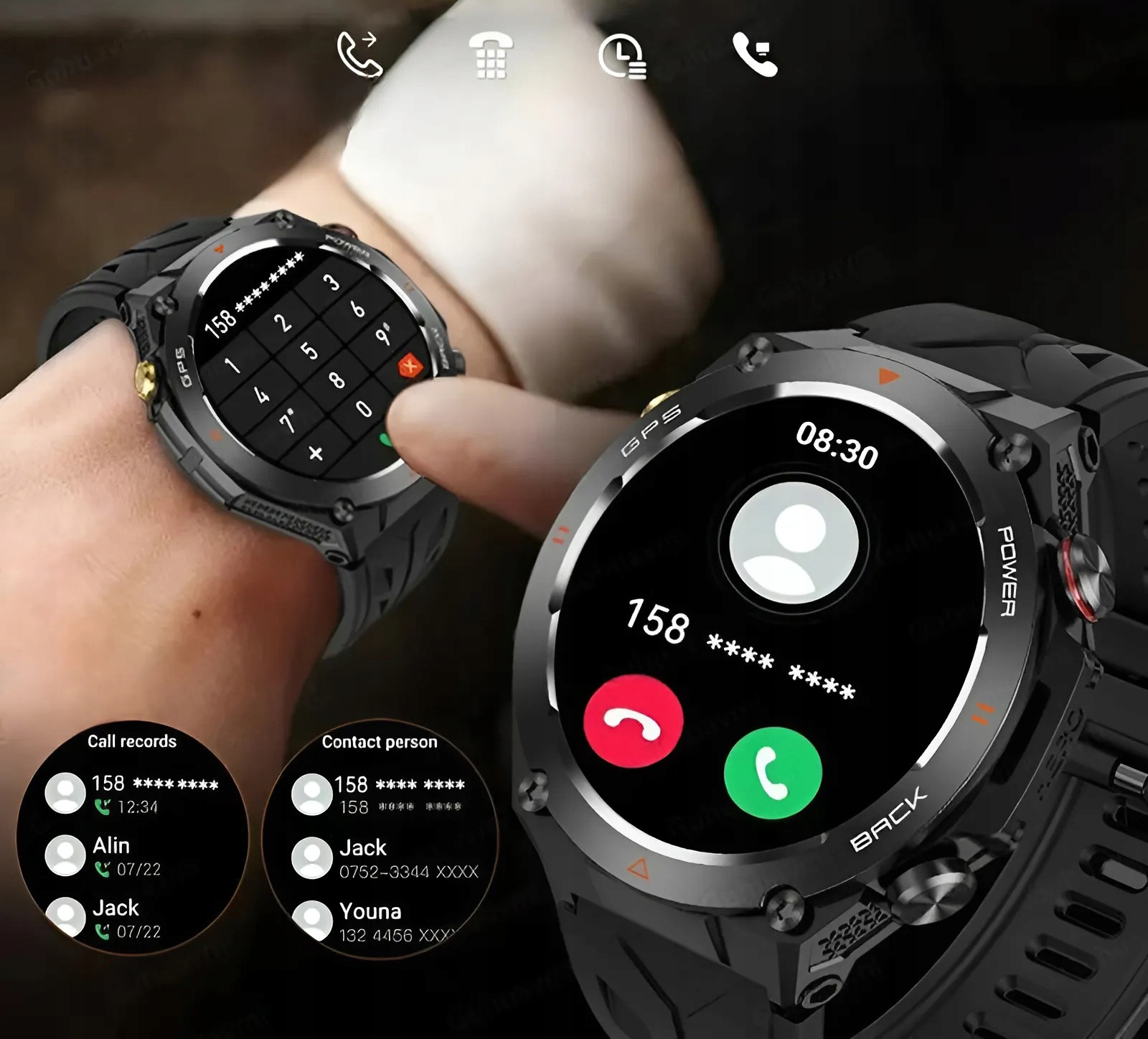 SMARTWATCH Zegarek GPS BAROMETR KOMPAS CIŚNIENIOMIERZ ROZMOWY Materiał paska silikon