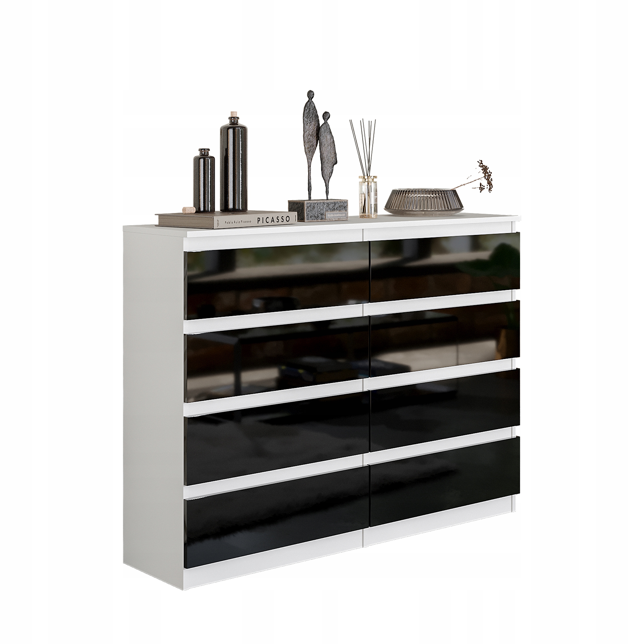 Komoda 120 CM Biały Mat Czarny Połysk 8 Szuflad, Salon, Sypialnia