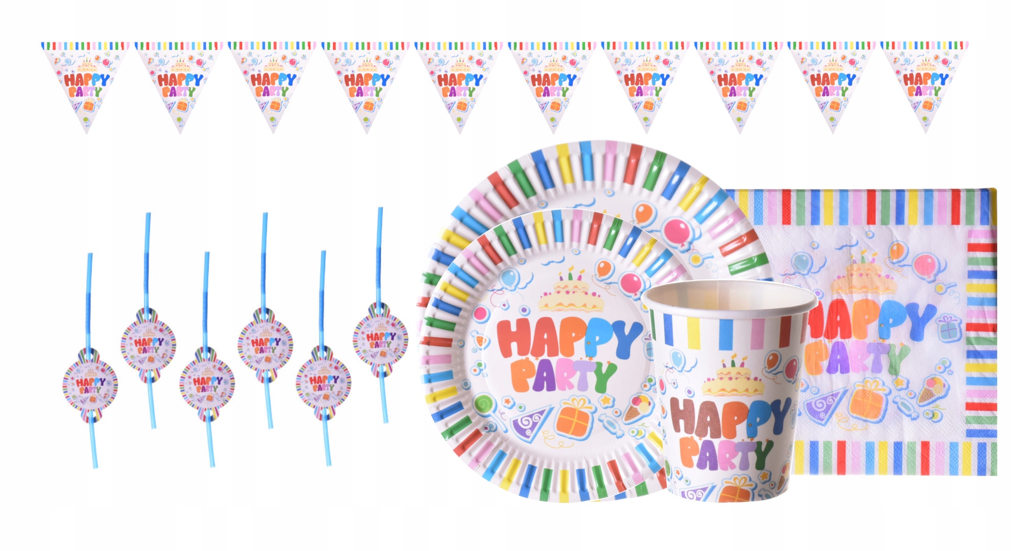 ZESTAW PAPIEROWY KUBECZKI TALERZYKI HAPPY PARTY Kolor wielokolorowy