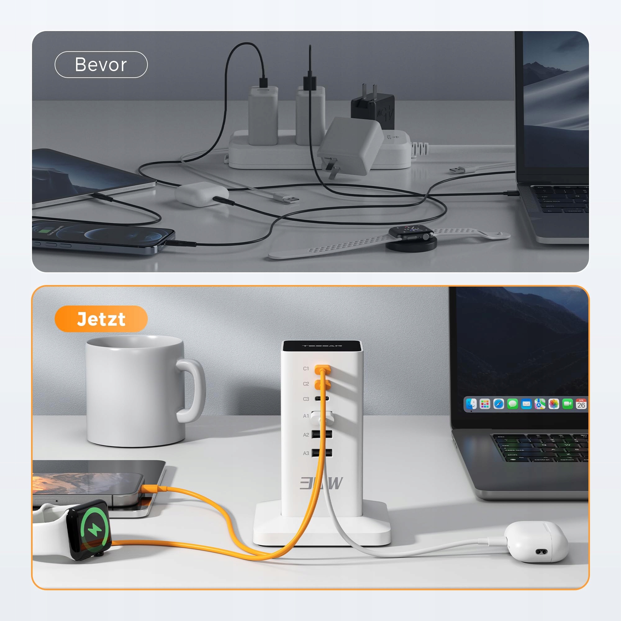 TESSAN Ładowarka USB 30W 6w1 6 Portów 3A 3C Adapter 15m Kabel Kompaktowa — miniatura 3