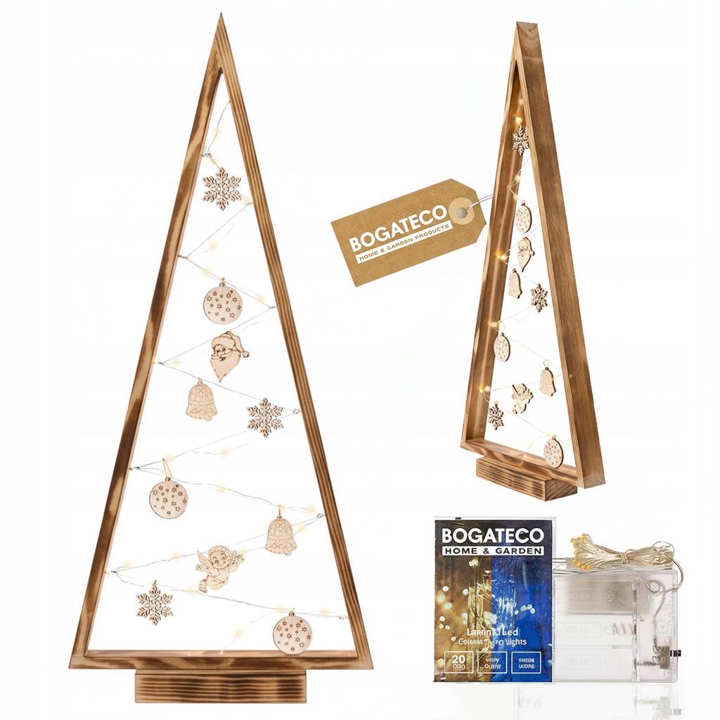 Dřevěný Vánoční Stromek 104 cm Stojící Ozdobný Led S Ozdobami Opálený