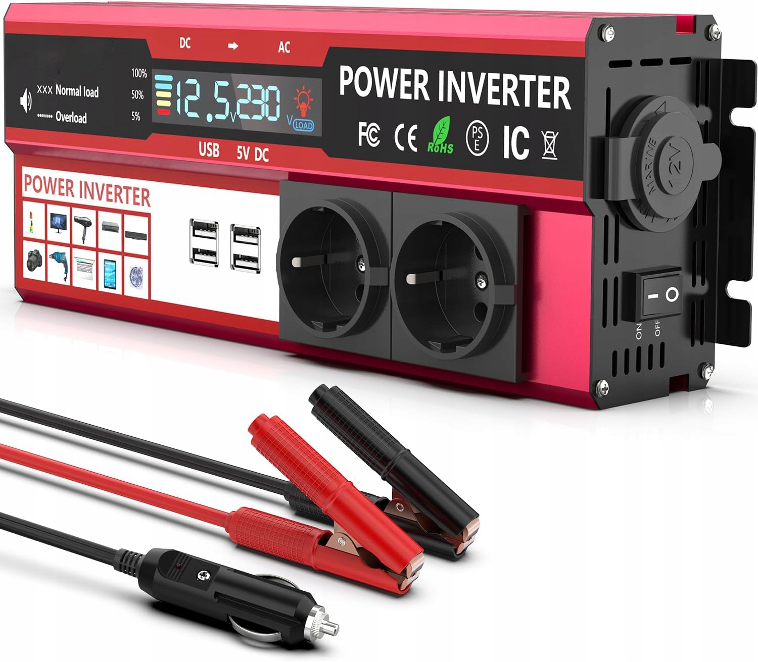 Měnič Napětí Napětí Automobilová S LCD Obrazovkou 12V 230V 1000W 2000W 4x Usb