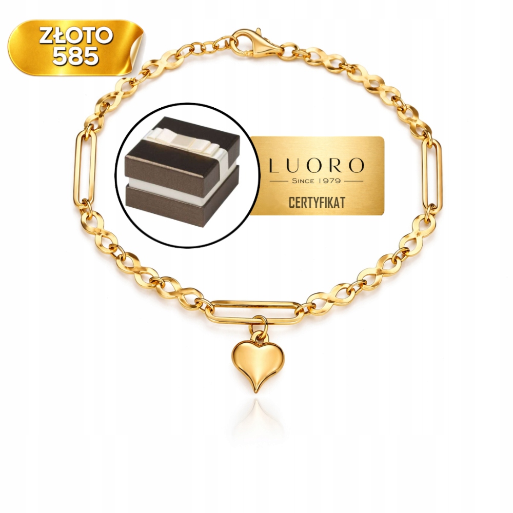 Náramek Zlatý 585 14K Znaky Nekonečna Srdce Ovál 19 CM