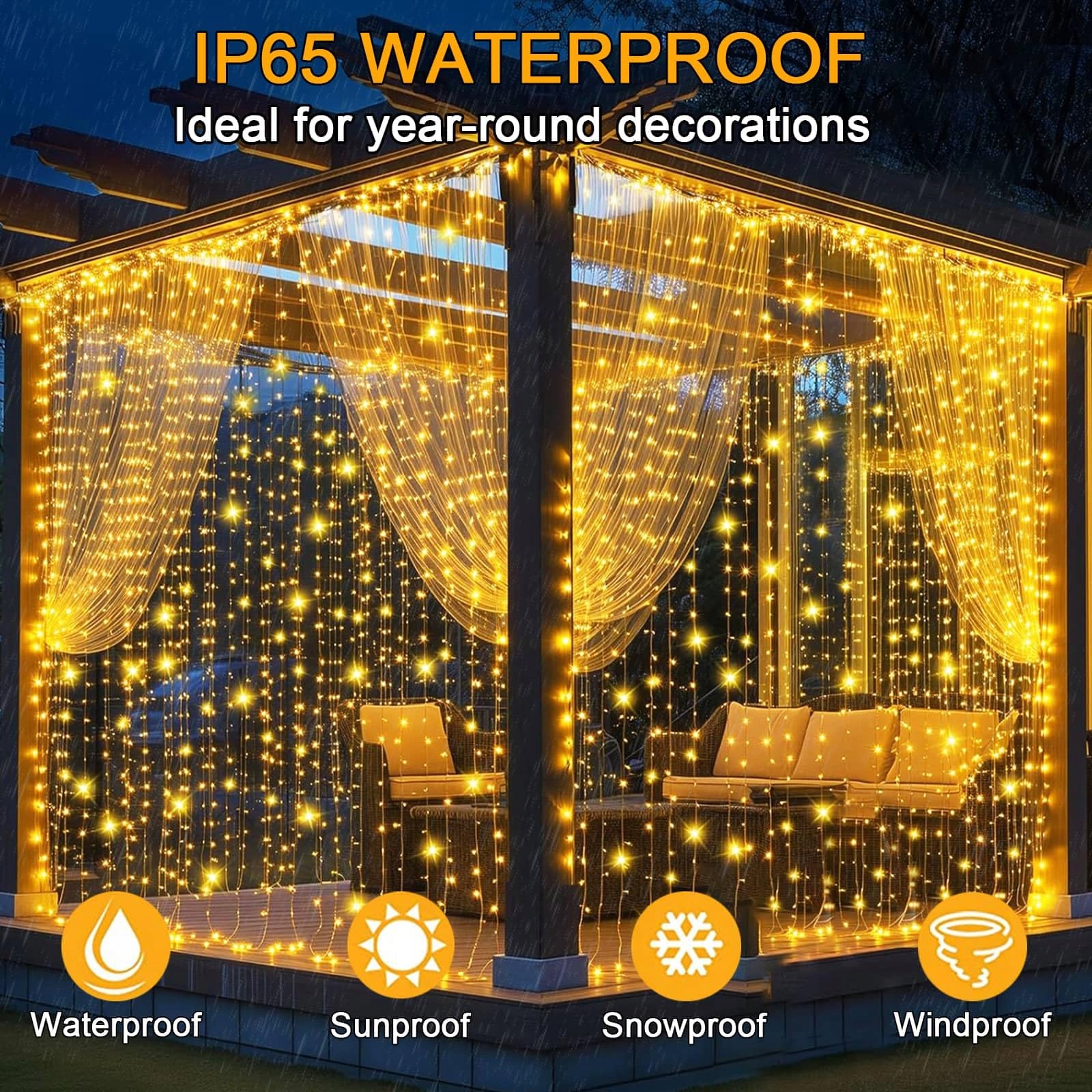 JOYCOME Kurtyna Girlanda Świetlna Wodoodporne Lampki 6x3m 600LED 9 Trybów — miniatura 8