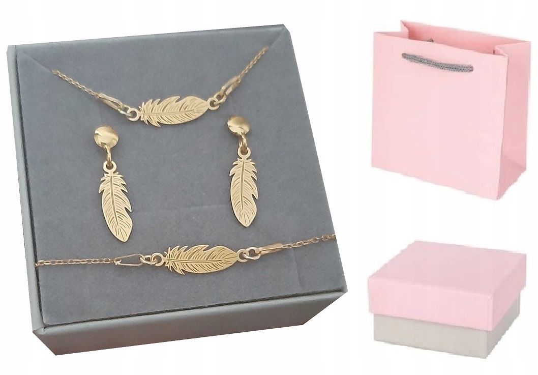 

Komplet złoty 925 Celebrytka Piórko Pudełko+grawer