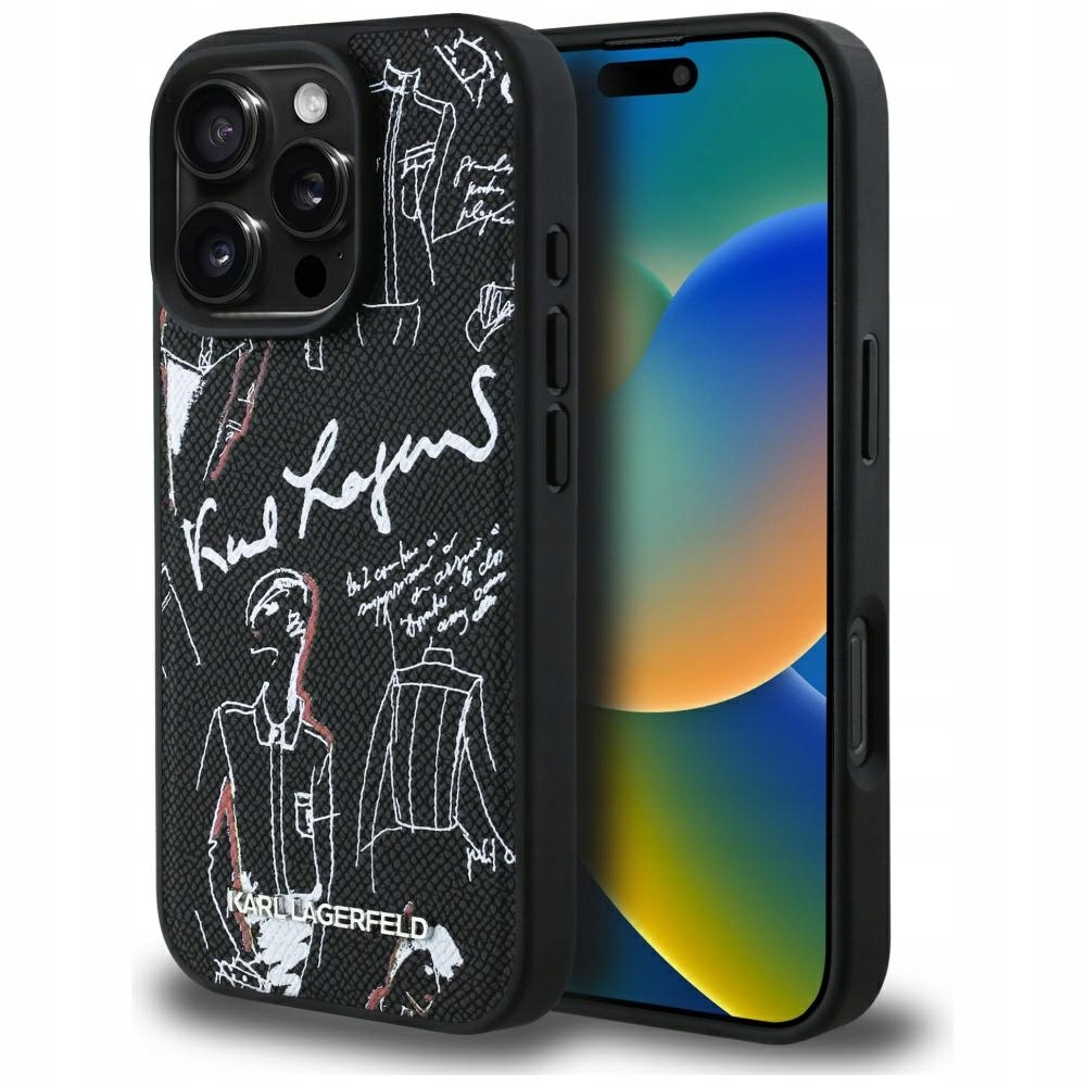 Pouzdro pro iPhone 16 Pro Max s texturou zrnitosti, MagSafe, černé, Karl Lagerfeld