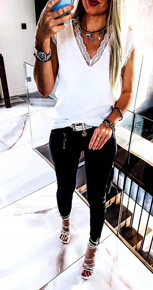 . BIAŁA BLUZKA ELEGANCKA POD ŻAKIET KORONKA TOP 42 Rozmiar XL