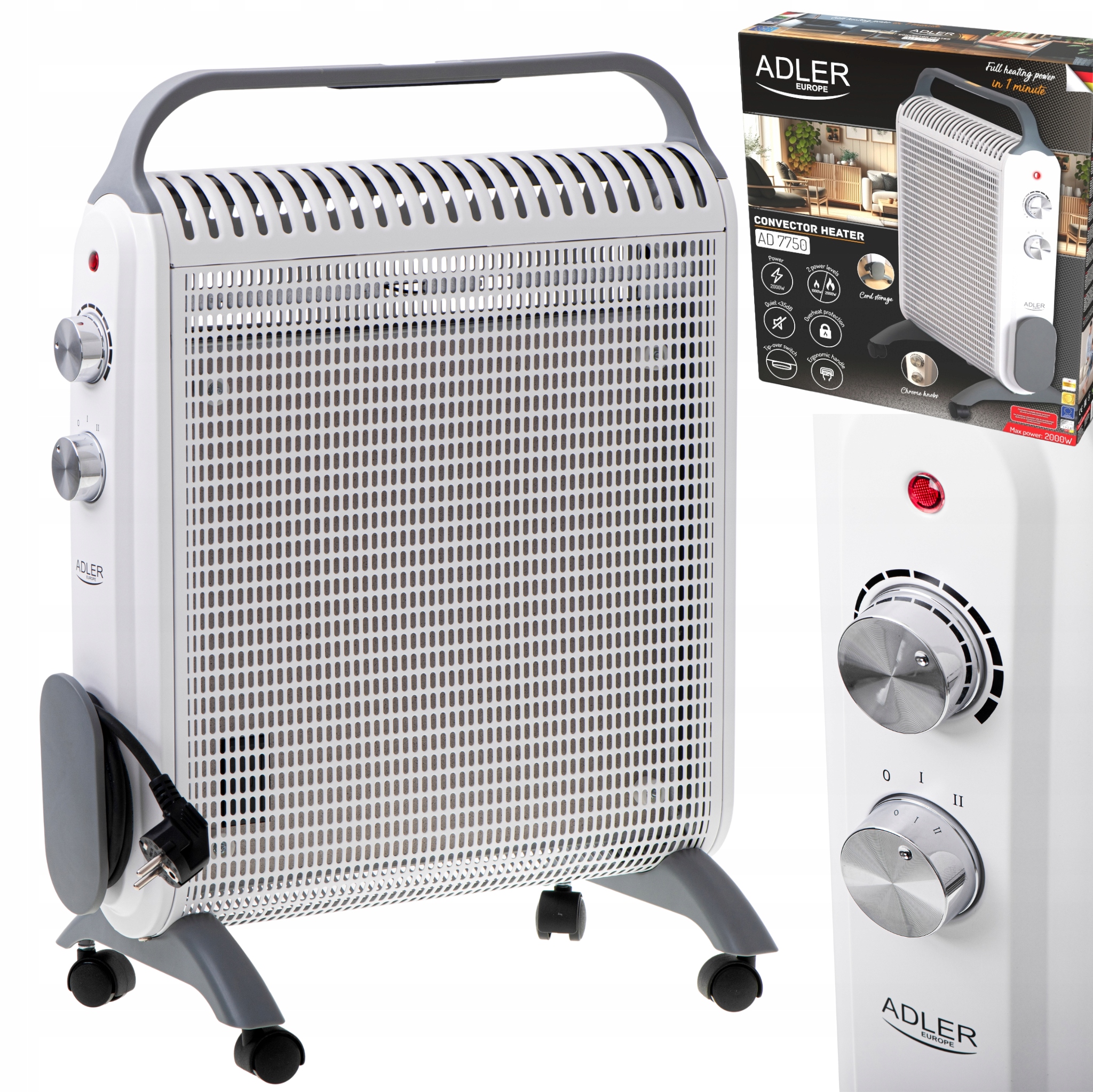 Konvektorový ohrievač na kolieskach 2000 W IP24, úložný priestor na kábel Termostat