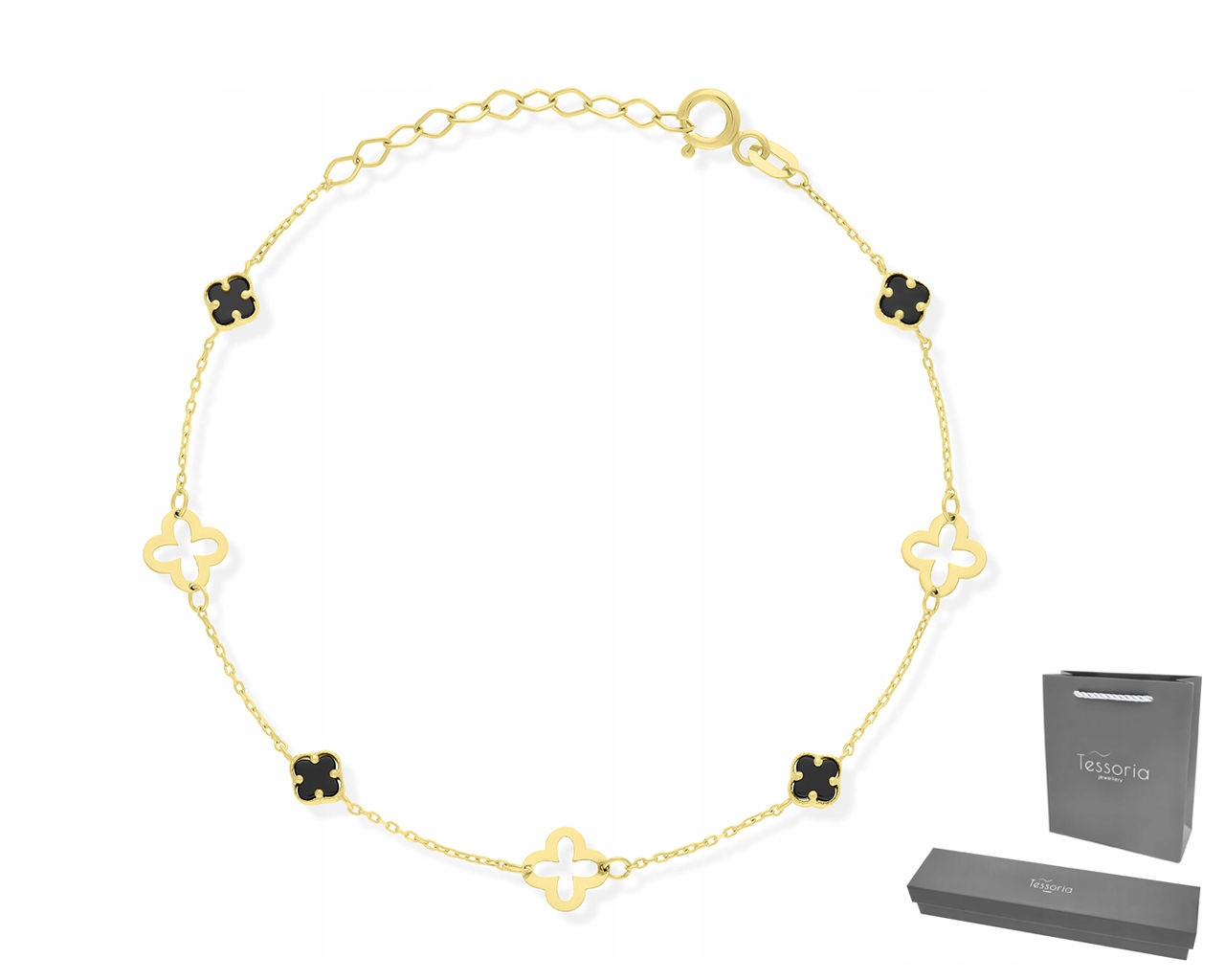 Náramek Zlatý 585 Jetel Černý Onyx Dámský Originální Vzor