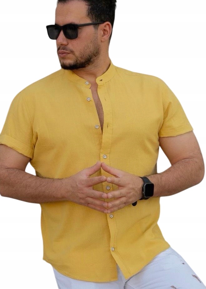 Pánská Lněná Košile Len Stojáček Casual Hořčicová M