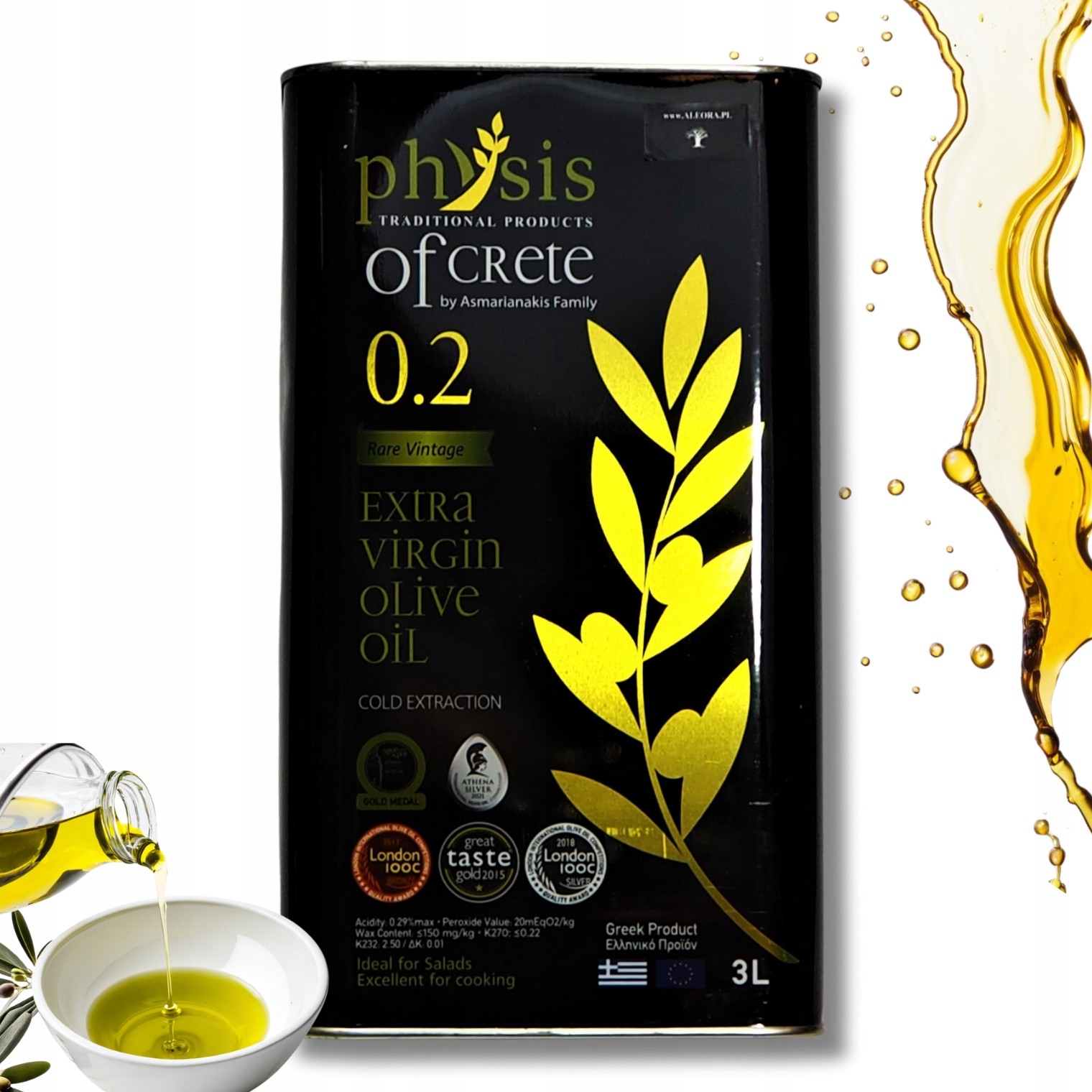 Physis Grecka Oliwa 3L Kreta Extra Virgin Koroneiki 0,2% Evoo data 07/27