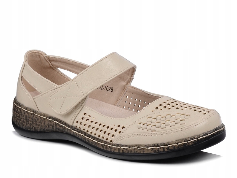 Półbuty damskie beżowe Unisoft 7026 ażurowe na rzep skórzana wkładka 39