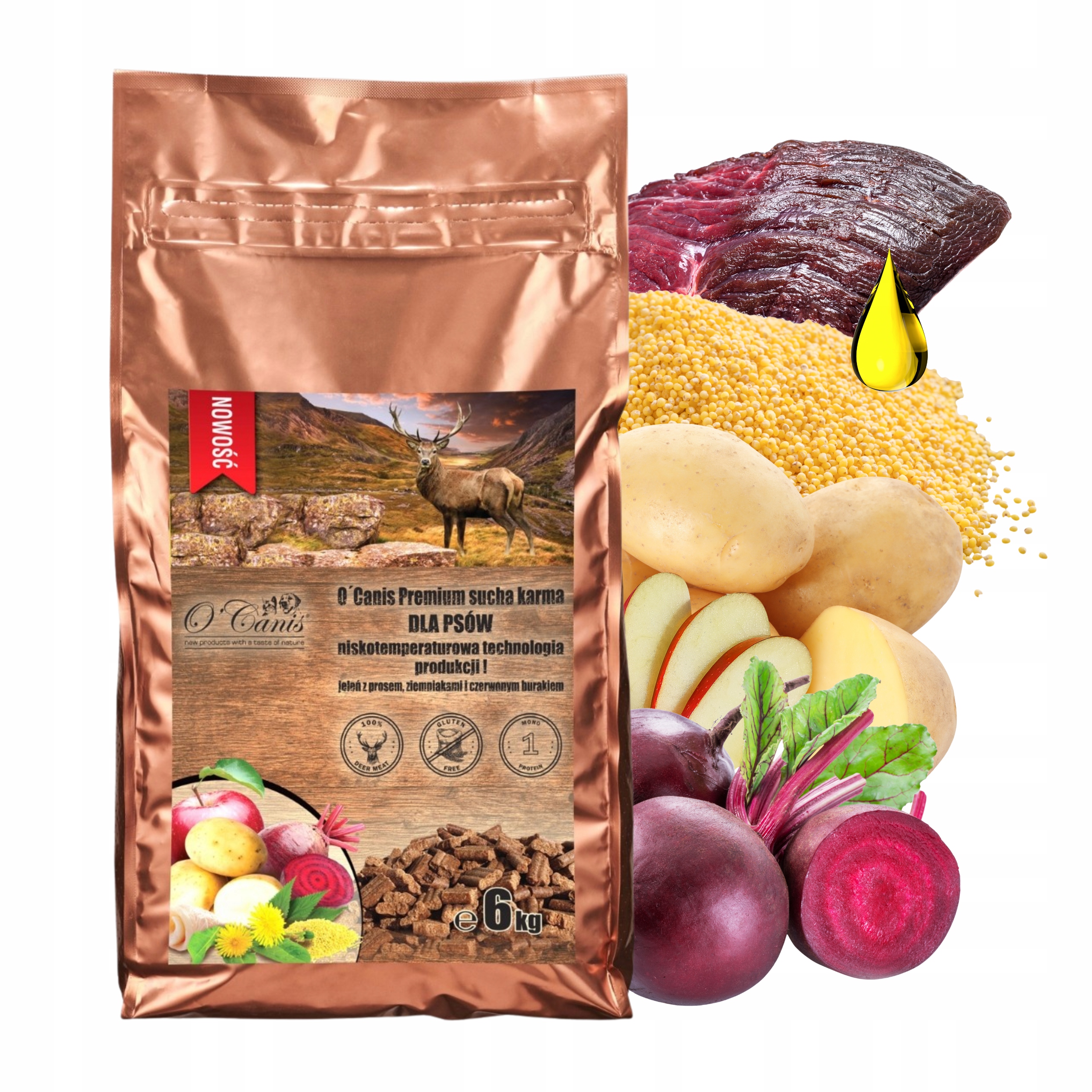 Karma sucha dla psa O'Canis Jeleń z prosem 6 kg