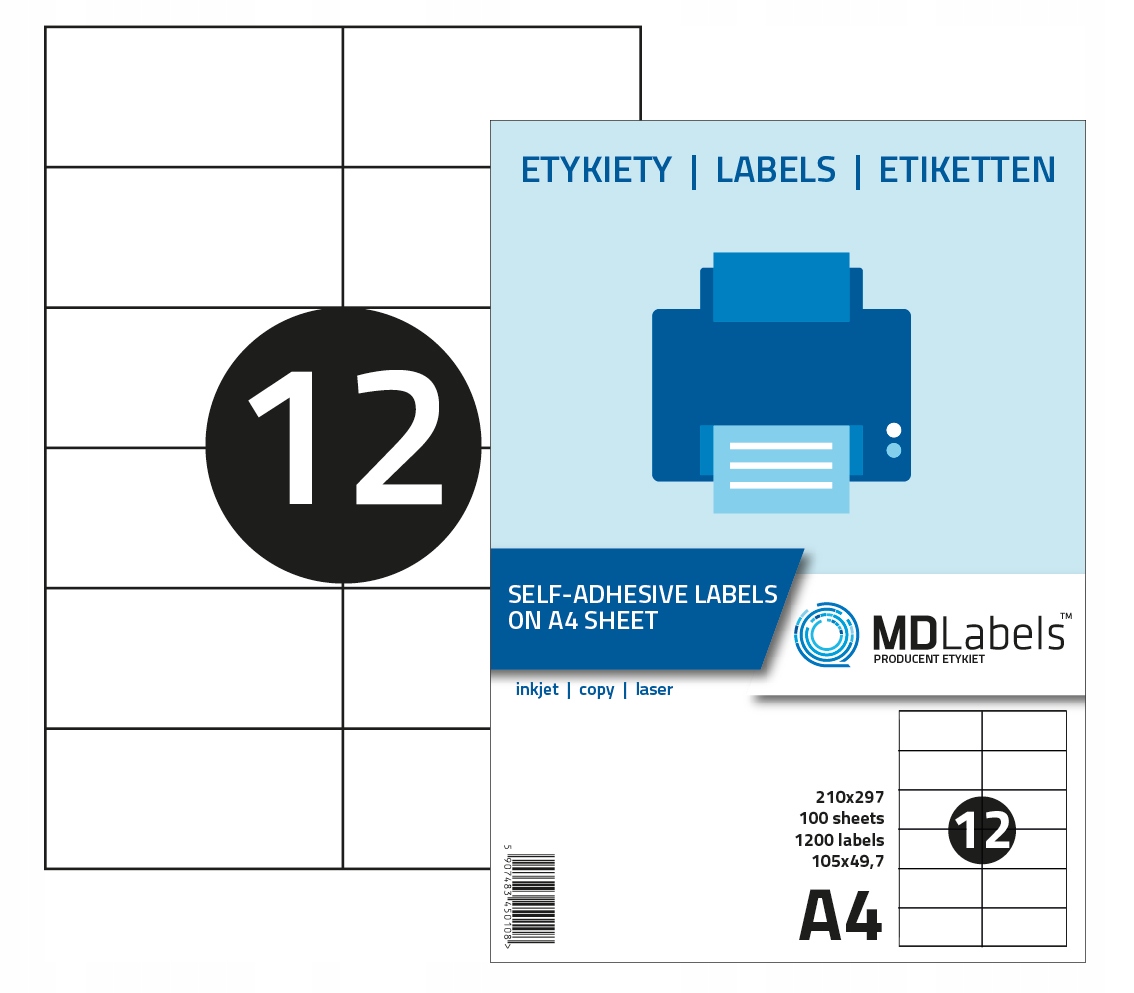 

Etykiety naklejki samoprzylepne A4 105x49,7 100ARK