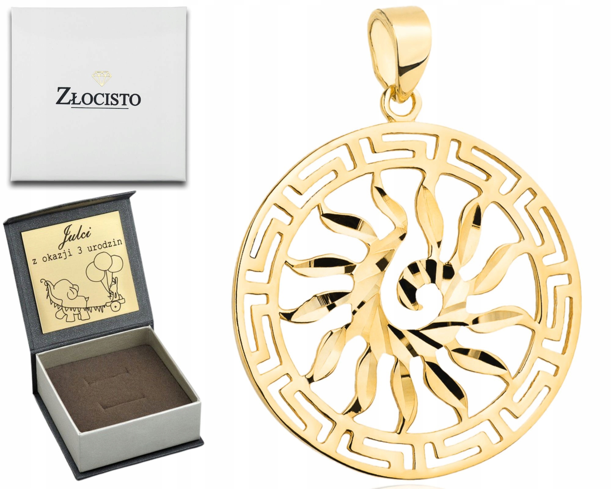 Zlatý kulatý přívěsek slunce s řeckým vzorem 585 s gravírováním dárek