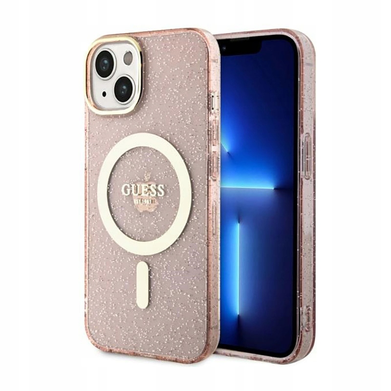 Guess Glitter Gold MagSafe – Pouzdro pro iPhone 14 Plus (růžové)