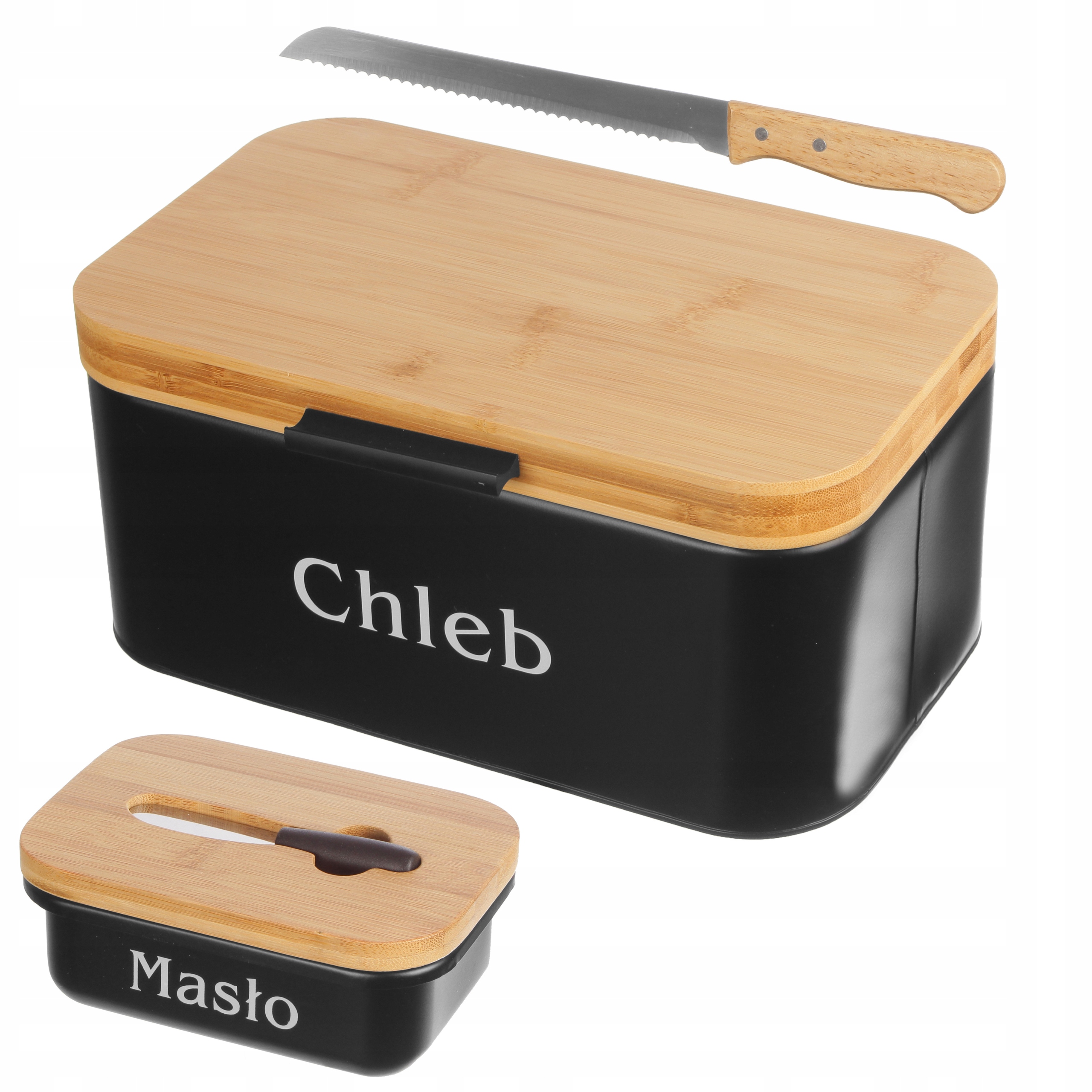 ZESTAW CHLEBAK METALOWY DREWNO + POJEMNIKI + DESKA + MASELNICZKA + NÓŻ Marka Brunbeste