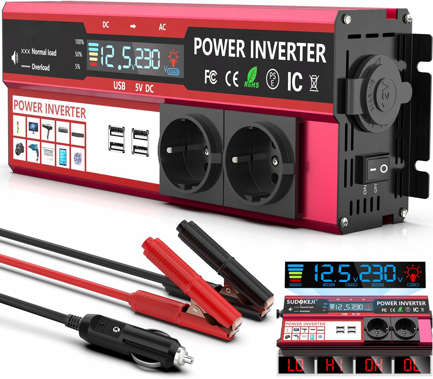 Měnič Napětí Napětí Automobilová S LCD Obrazovkou 12V 230V 500W 1000W 4x Usb