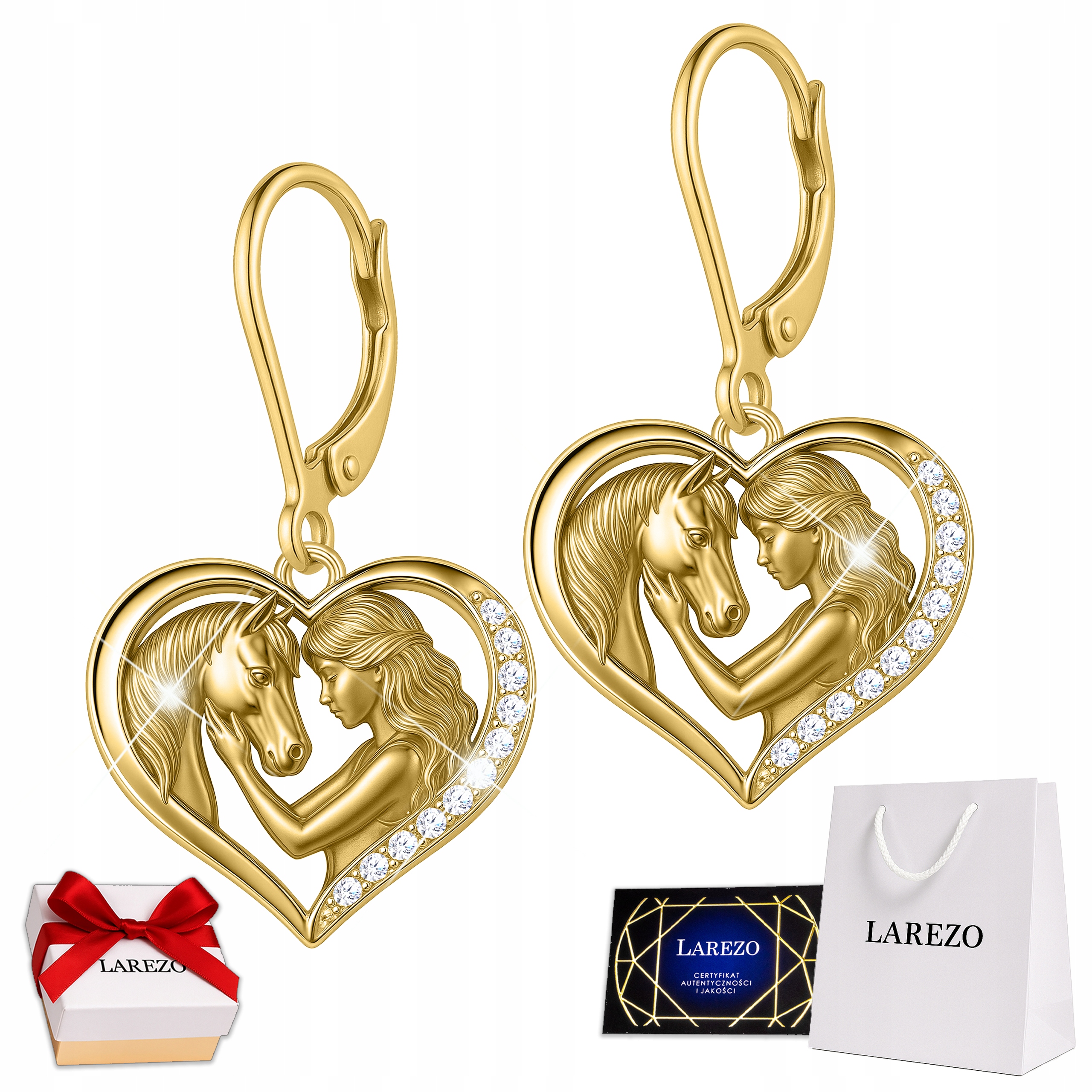 Złote Kolczyki Dziewczynka z Koniem Wiszące Damskie Konie Koniki Srebro 925