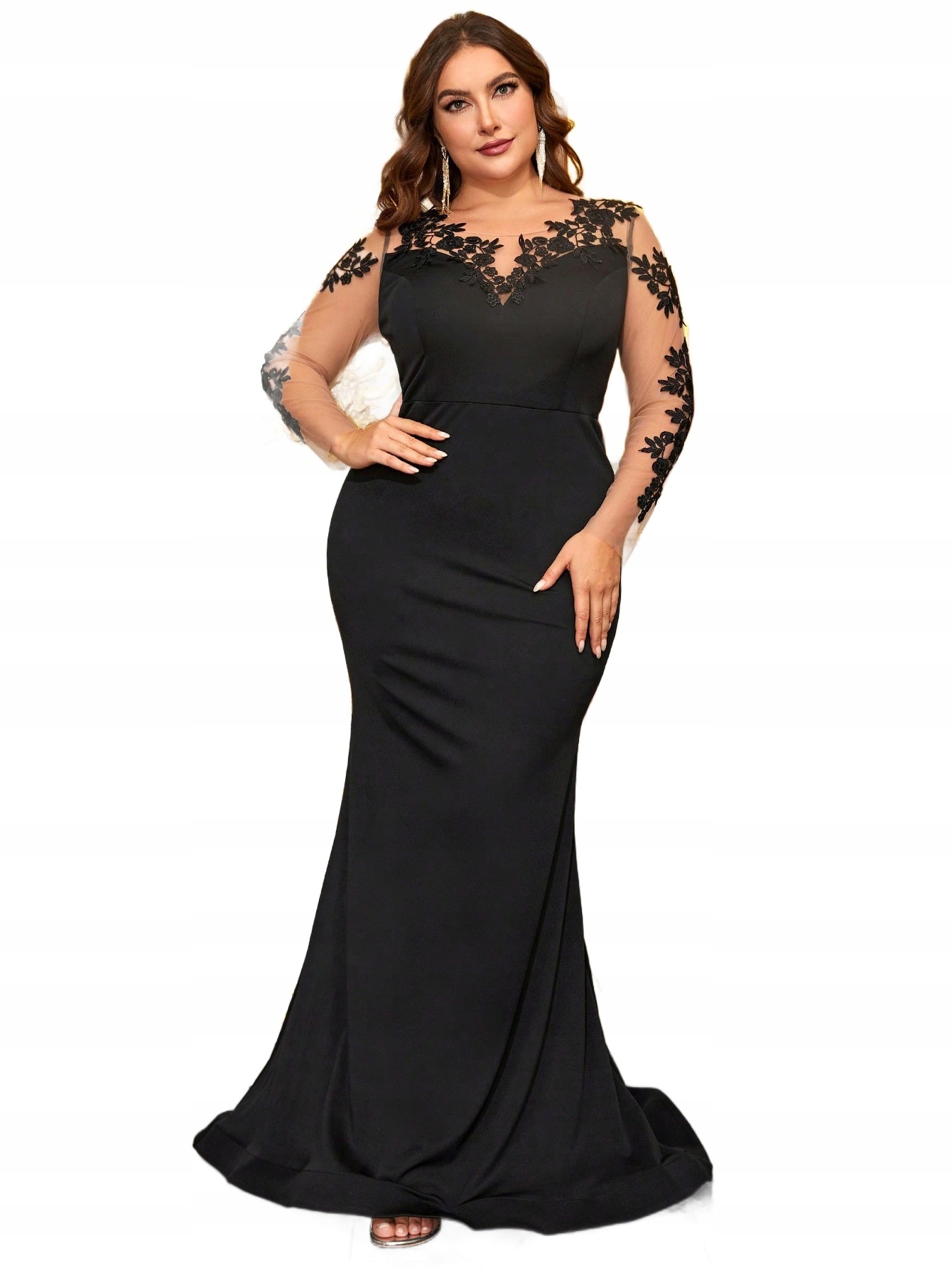 Černé Šaty Plus Size S Krajkou A Dlouhým Rukávem 46 1LA