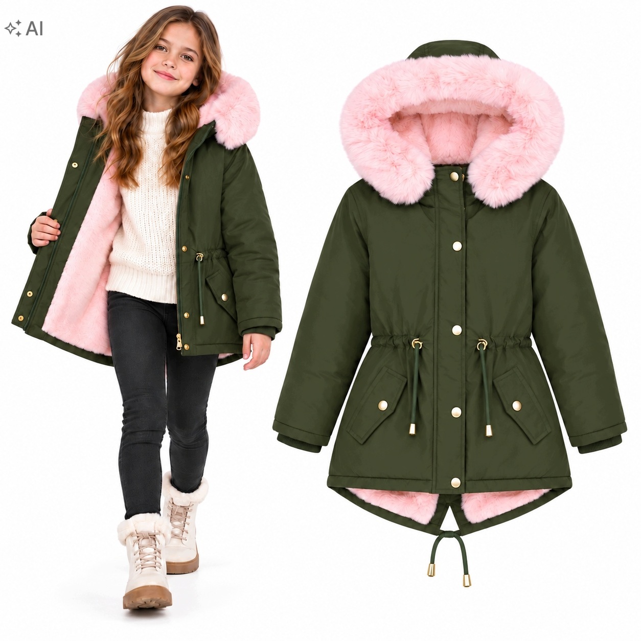 XZ118 Przedłużana kurtka dla dziewczynki zimowa parka Khaki rozmiar 140