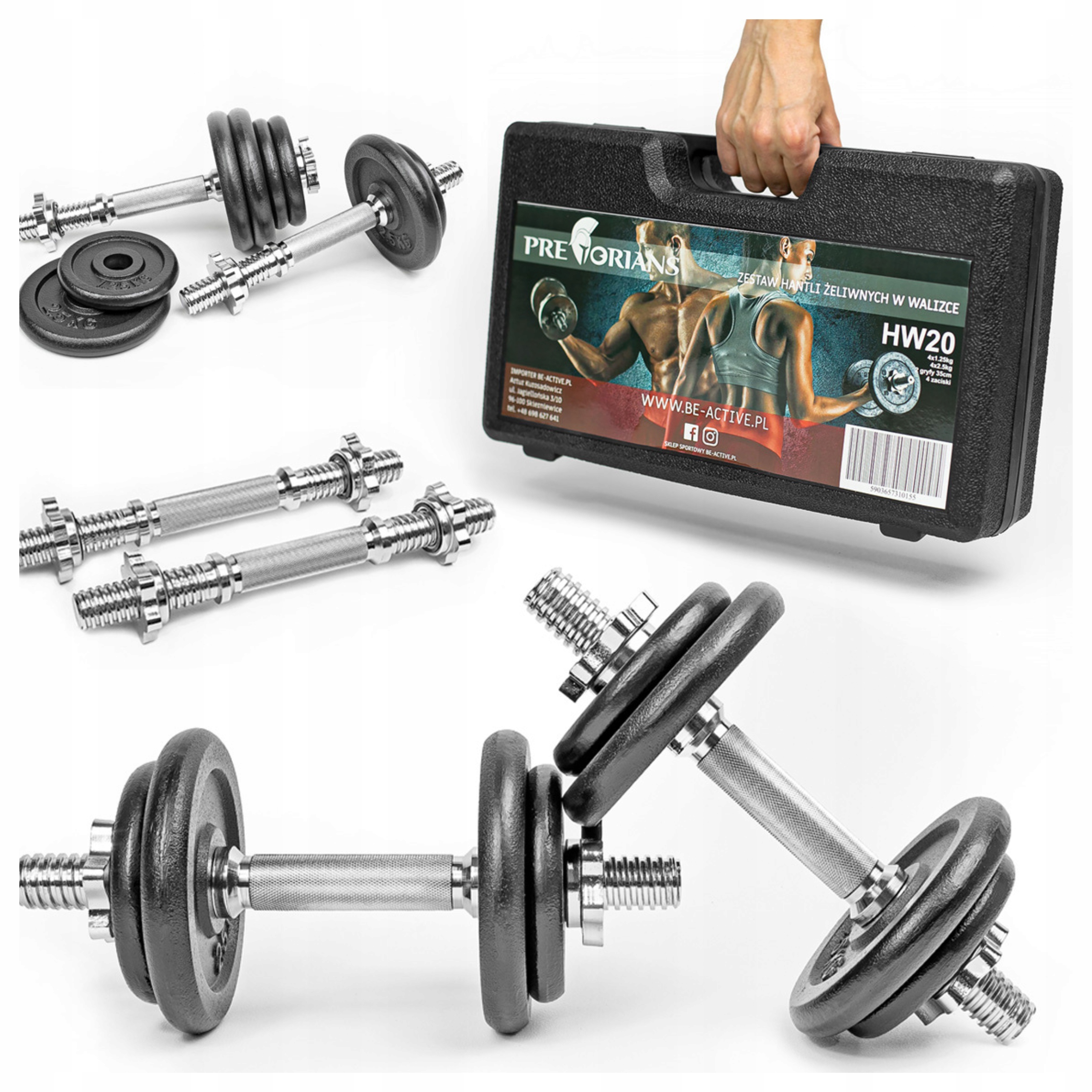 Hantle Żeliwne 2x10KG Regulowane Zestaw Hantli Gryf Ryflowany Walizce 20KG