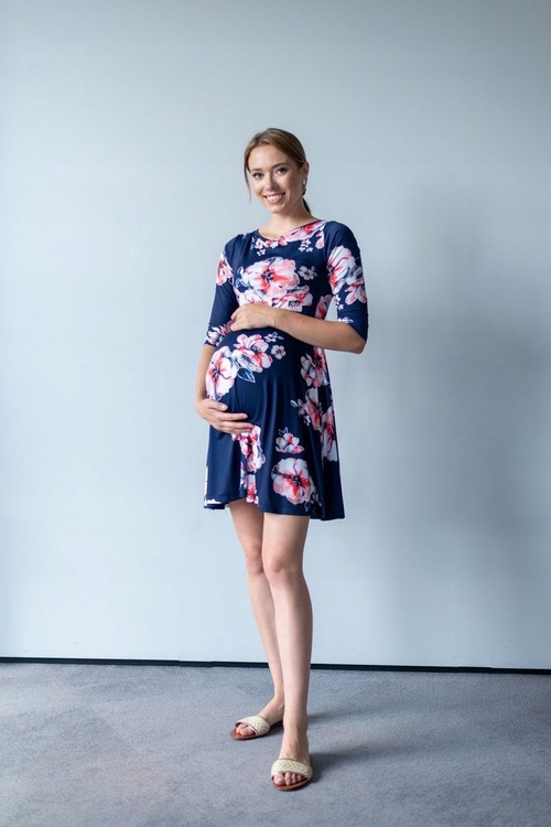 Šaty na kojení 130 Miracle tmavě modrá s květinami elegantní pro maminky