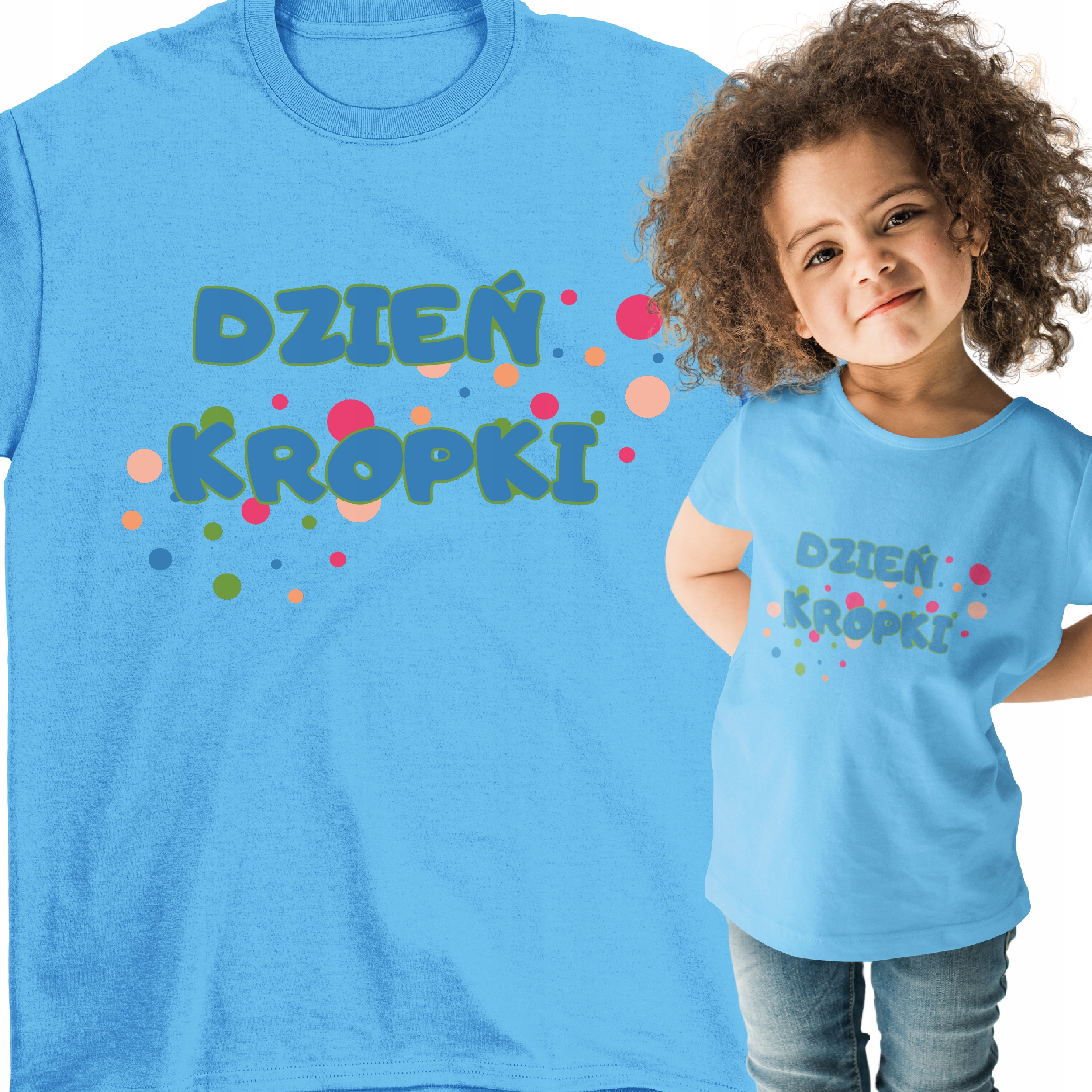 T-SHIRT NIEBIESKI KOSZULKA DZIEŃ KROPKI DO SZKOŁY 116 122