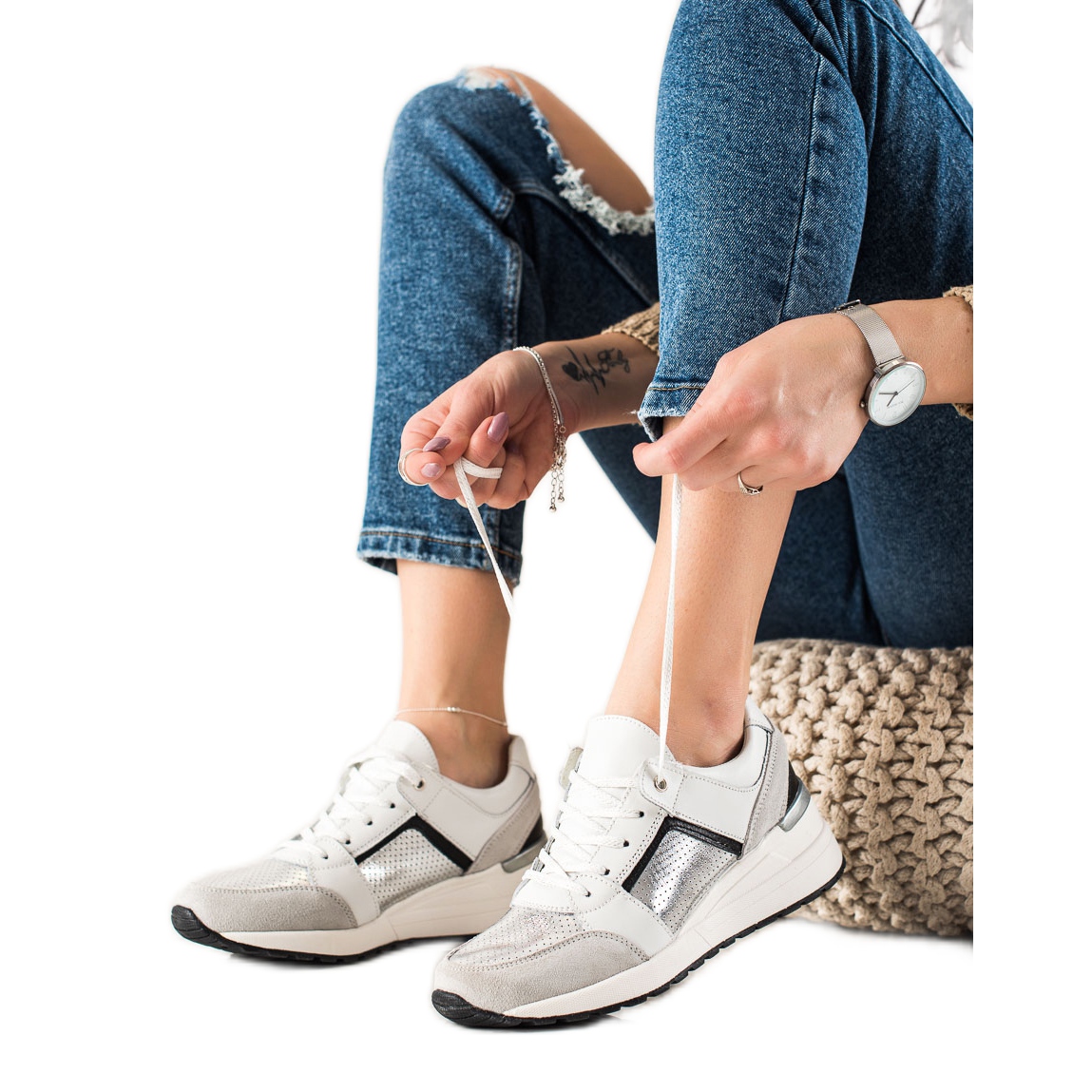 

Białe Srebrny Skóra naturalna Buty Evento r.38