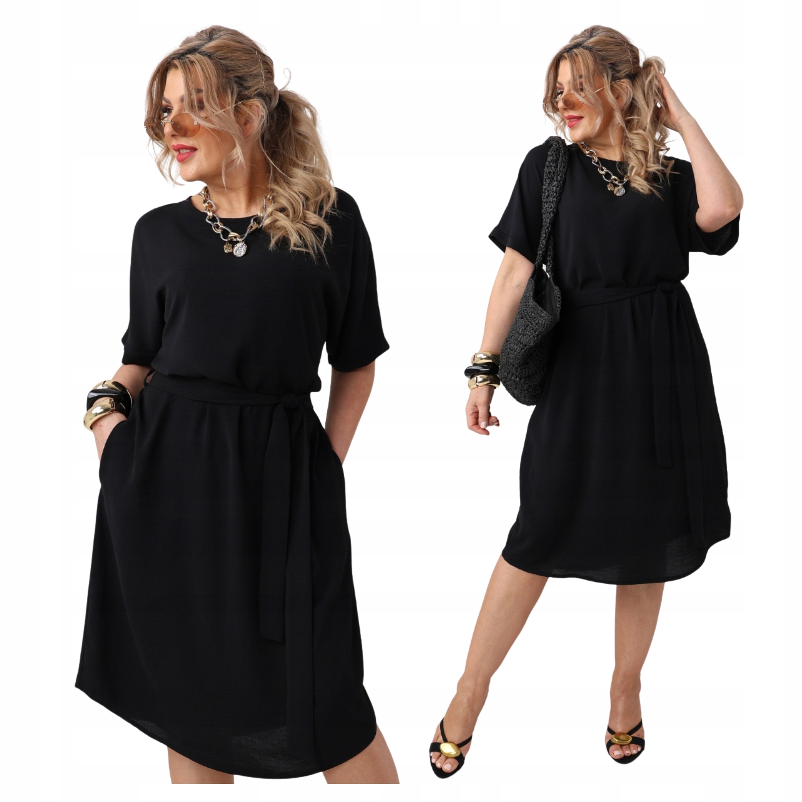 Luźna Sukienka Z Wiązaniem Duże Rozmiary Polski Producent Z Guzikami Z Tyłu