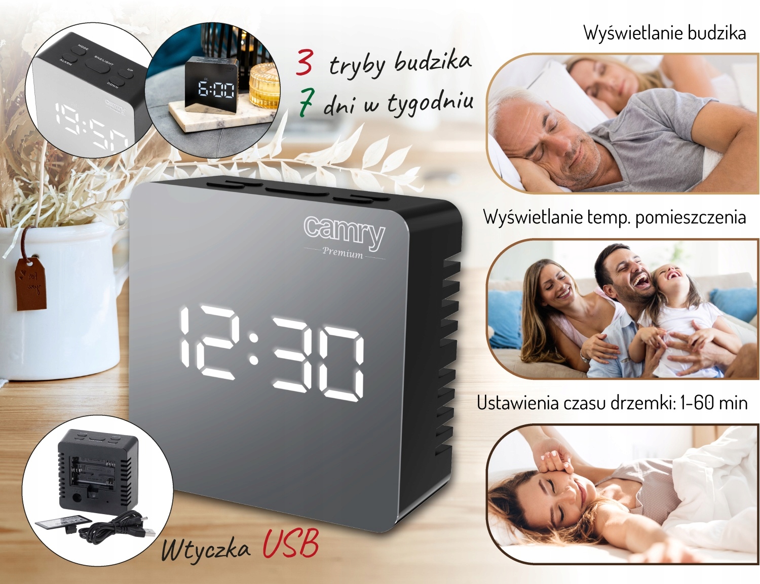 Budzik LED CR 1150 Czarny z Wyświetlaczem Temperatury i 3 Trybami Alarmu