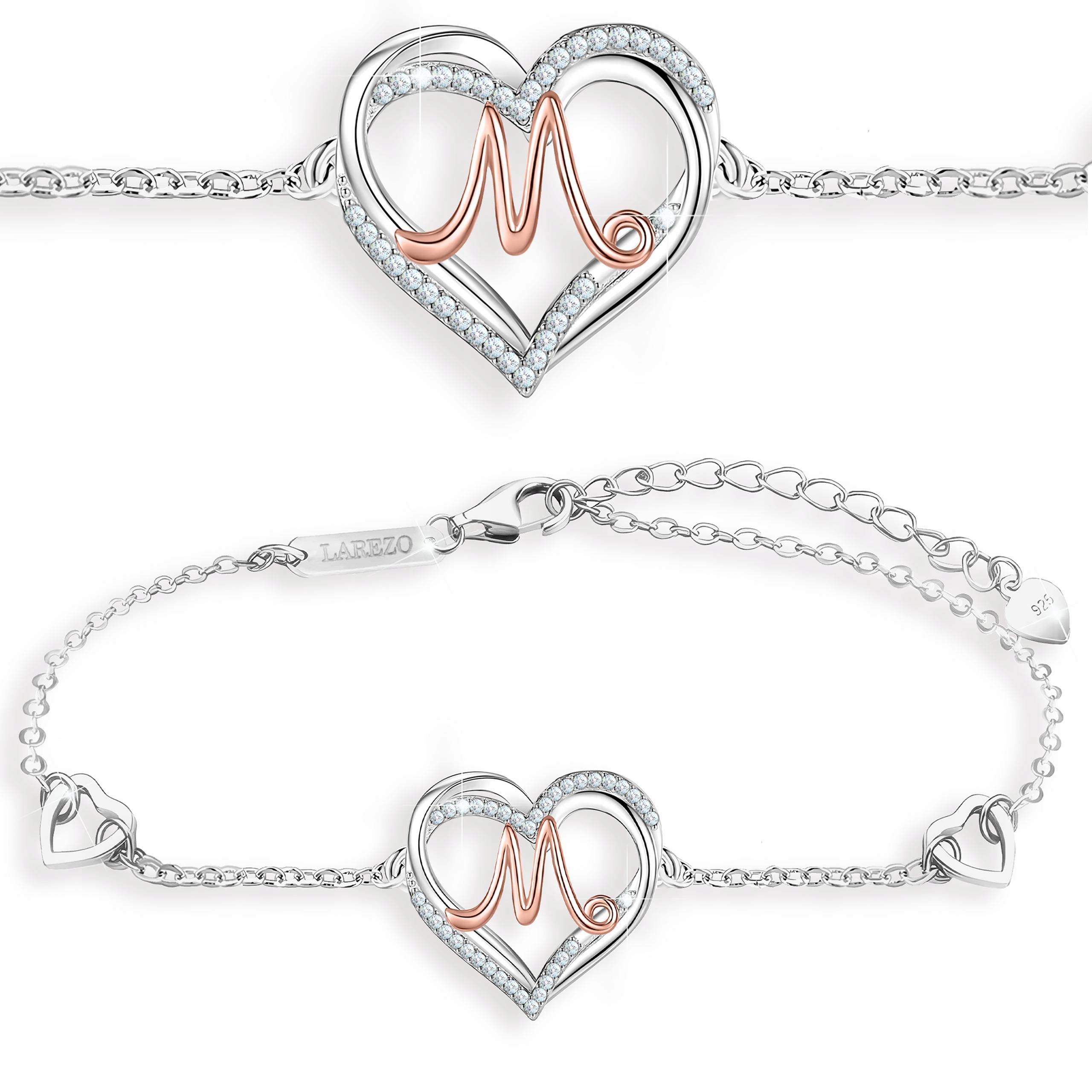 Stříbrný náramek Srdce Srdíčko s písmenem Písmeno Iniciál M Stříbro 925