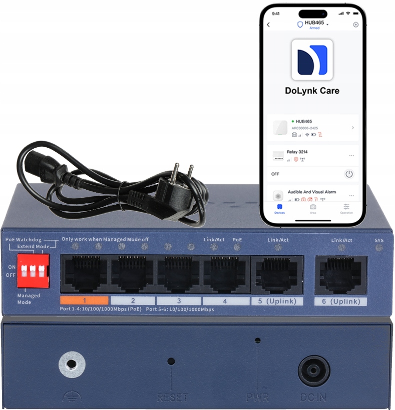 Switch PoE 4+2 Dahua CS4006-4ET2GT-60 60W 6-PORTOVÝ Dolynk Cloud Managed