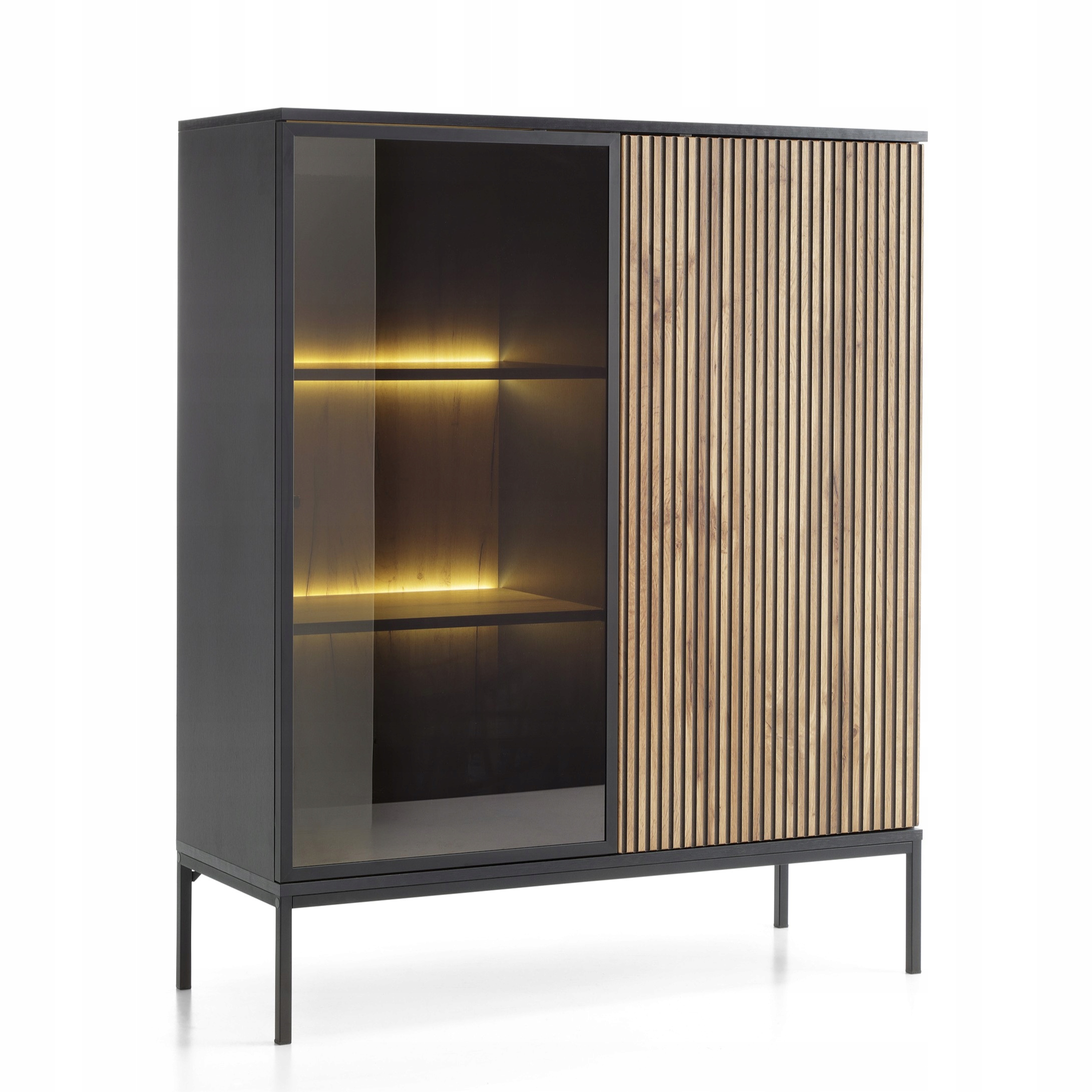 Vitrína Sentiero 126 x 104 cm s Led stojící Černá Grafit Dub Wotan